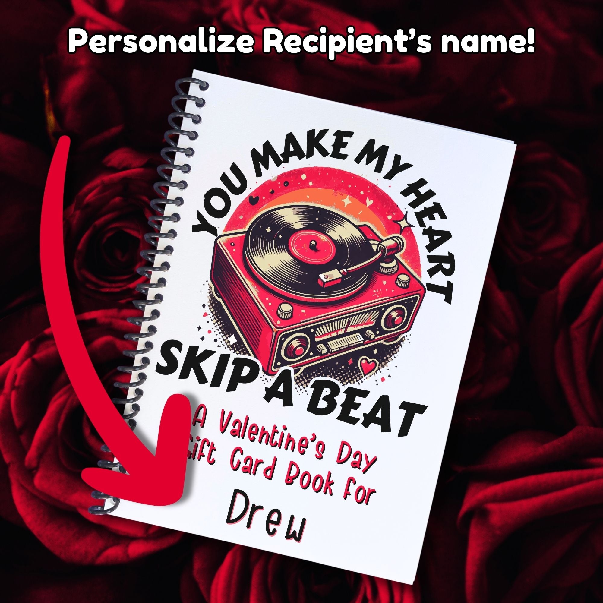 This image shows where your personalized name/message will be printed on the Personalized Valentine's Day Gift Card Book with Stickers and PVC Cover - Skip a Beat.