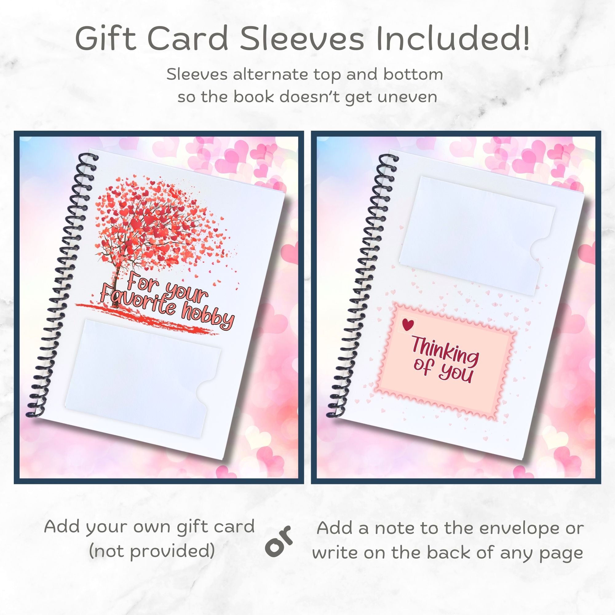 This image shows how the gift card envelopes/sleeves are staggered on opposite pages in the Personalized Valentine's Day Gift Card Book with Stickers and PVC Cover -  Panda.