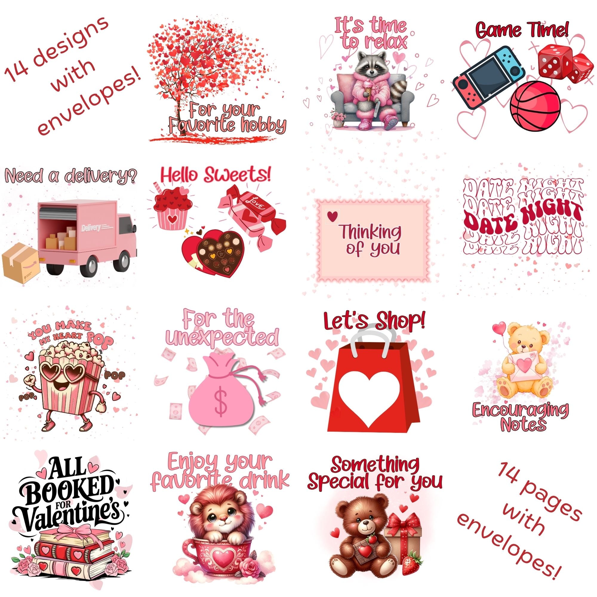 This image shows the images on all 14 pages of the Personalized Valentine's Day Gift Card Book with Stickers and PVC Cover -  Panda.