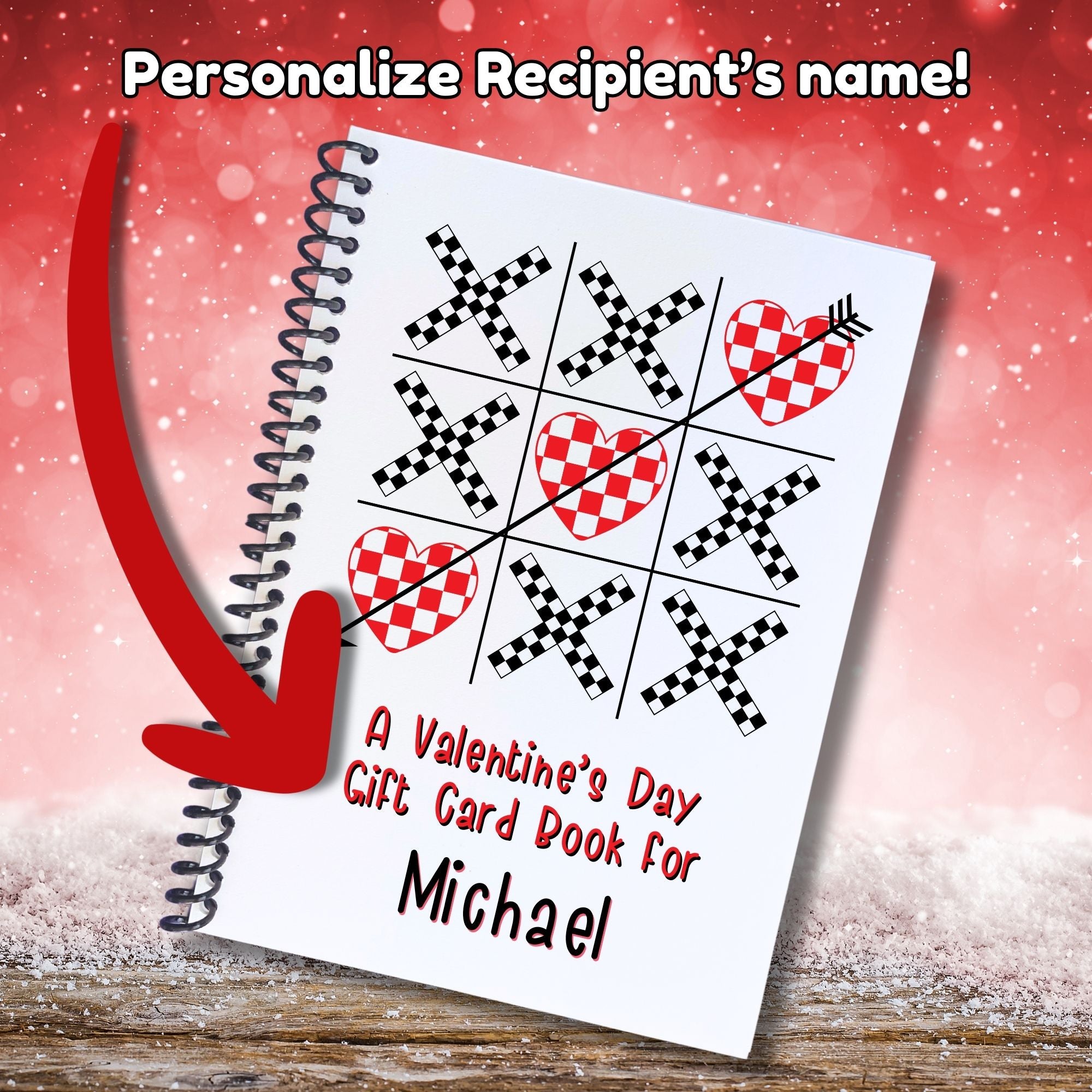 This image shows where your personalized name/message will be printed on the Personalized Valentine's Day Gift Card Book with Stickers and PVC Cover - Tic Tac Toe.