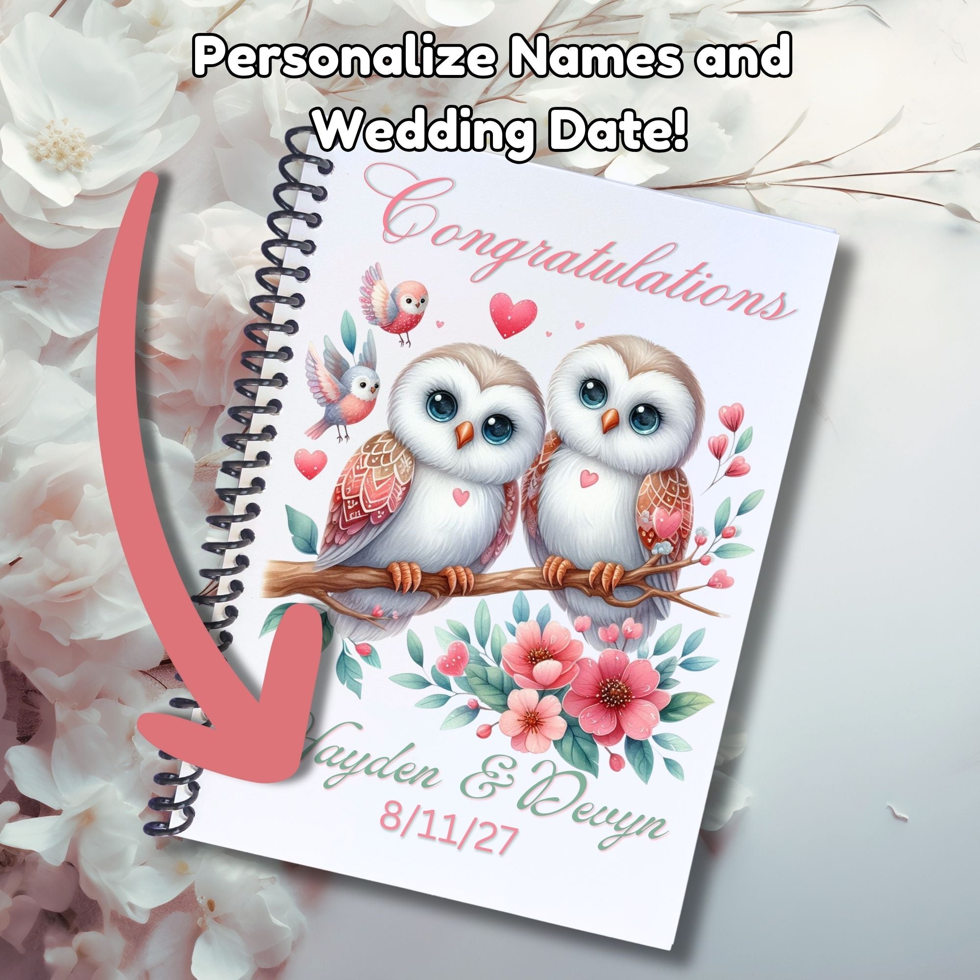 This image shows where your personalized names and date are printed on the Personalized Wedding Gift Card Book with Stickers and PVC Cover - Owls