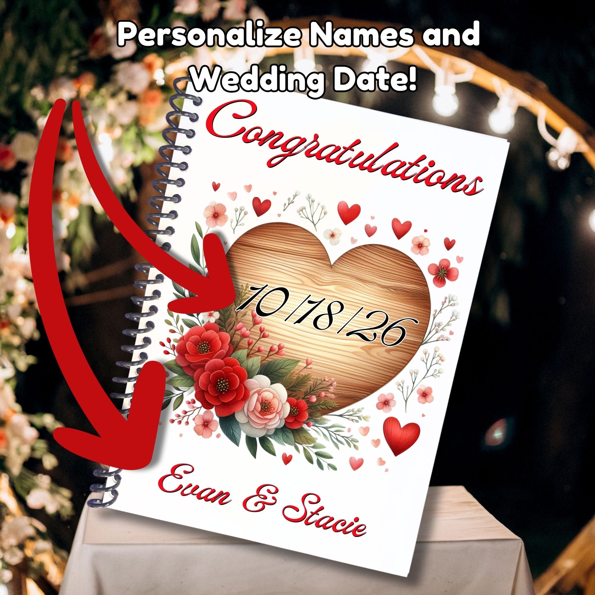 This image shows where your personalized names and date are printed on the Personalized Wedding Gift Card Book with Stickers and PVC Cover - Heart.