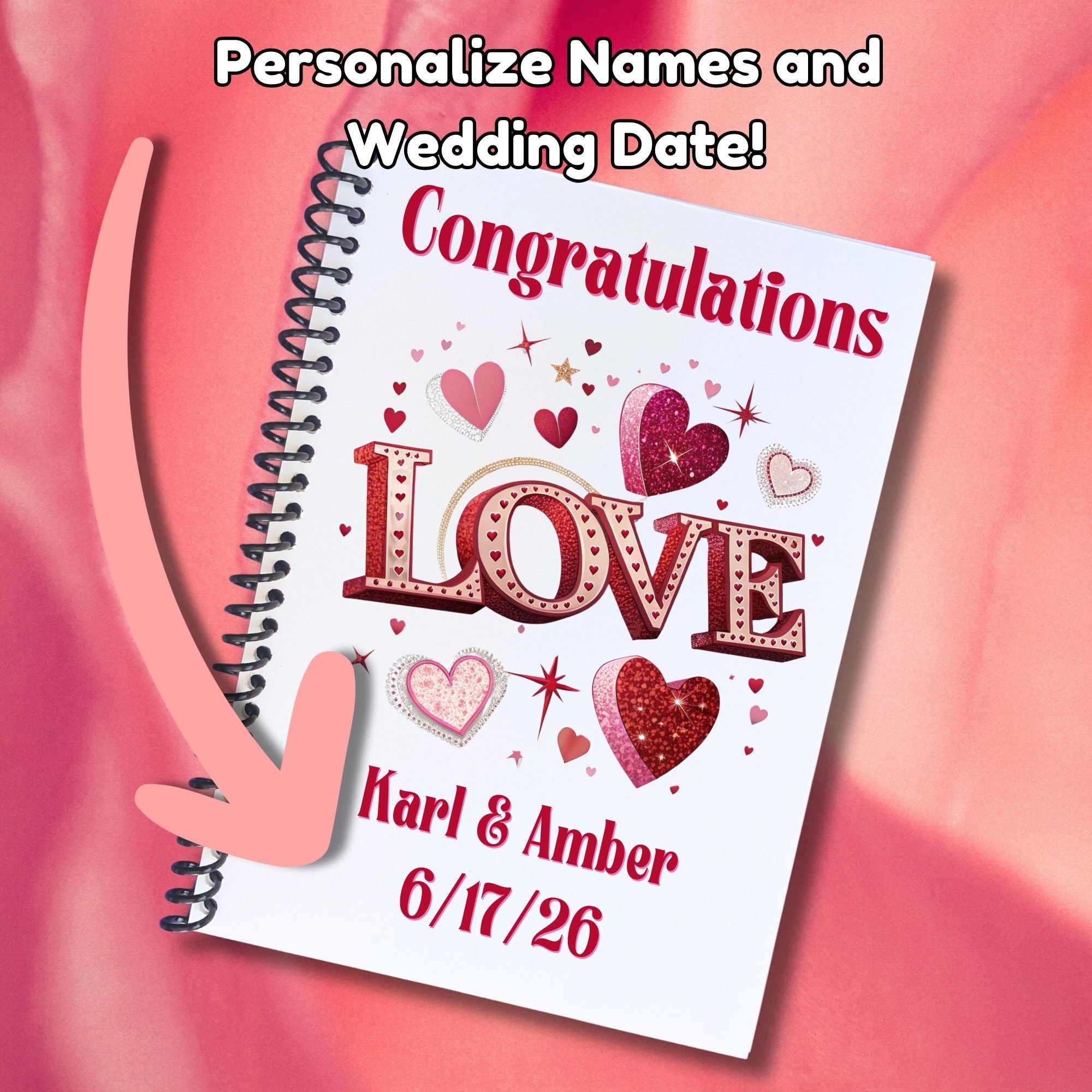 This image shows where your personalized names and date are printed on the Personalized Wedding Gift Card Book with Stickers and PVC Cover - Love.