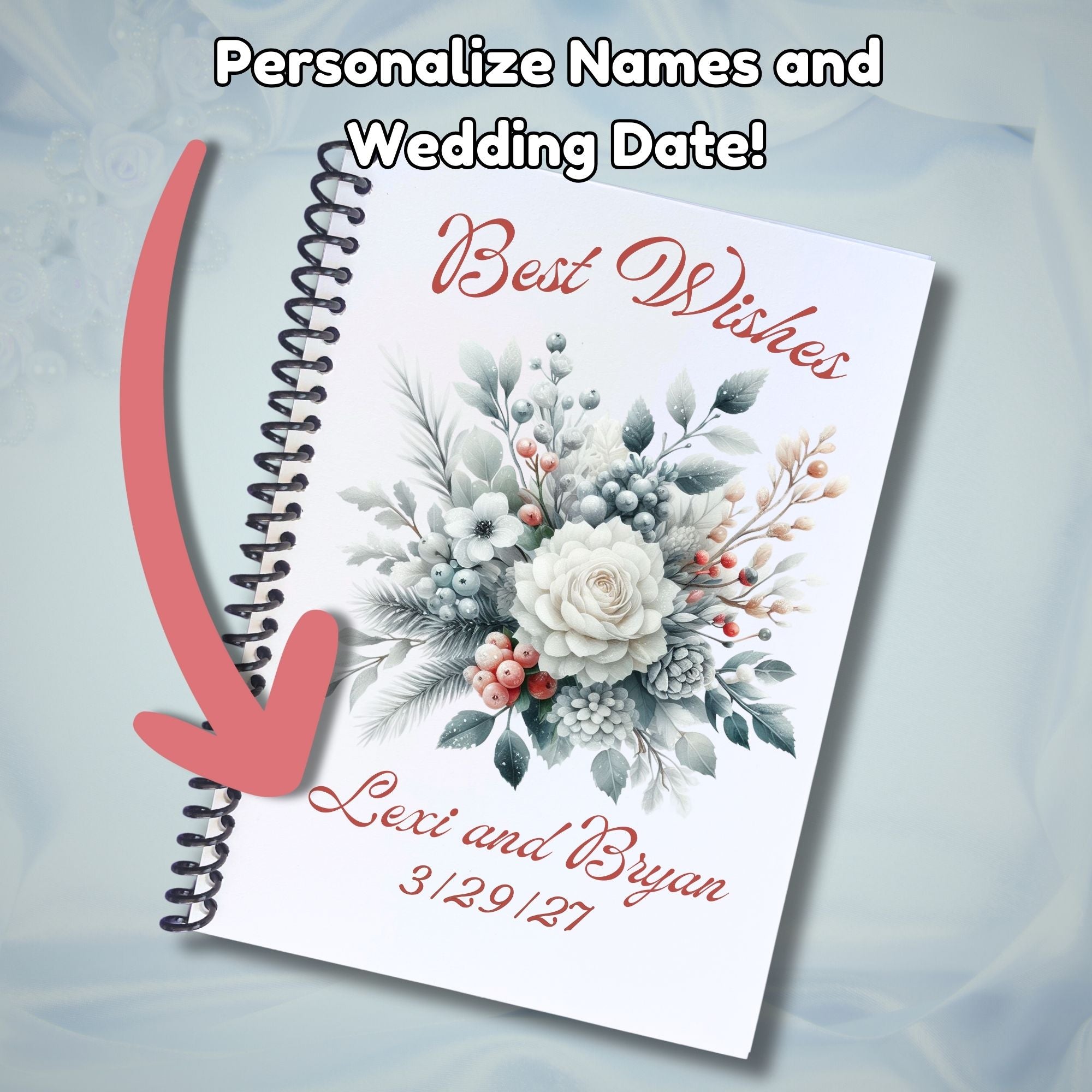 This image shows where your personalized names and date are printed on the Personalized Wedding Gift Card Book with Stickers and PVC Cover - Wedding Flowers.