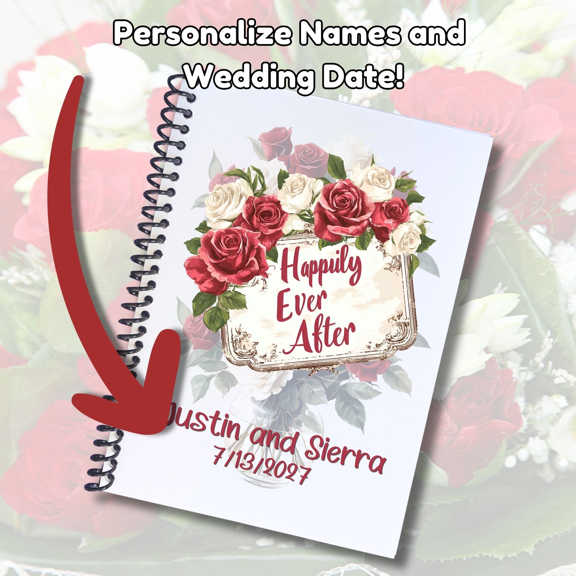 This image shows where your personalized names and date are printed on the Personalized Wedding Gift Card Book with Stickers and PVC Cover - Happily Ever After.