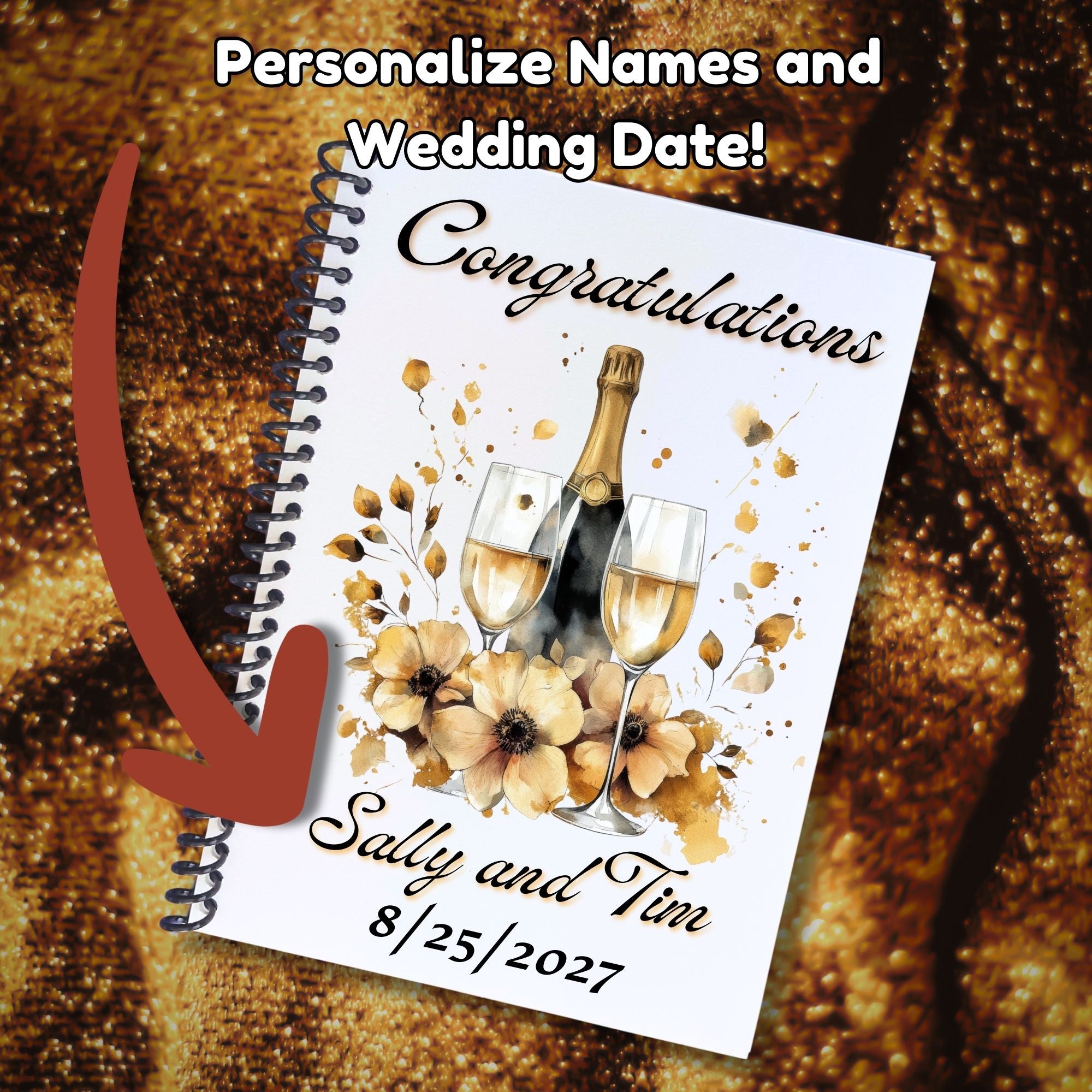 This image shows where your personalized names and date are printed on the Personalized Wedding Gift Card Book with Stickers and PVC Cover - Champagne.