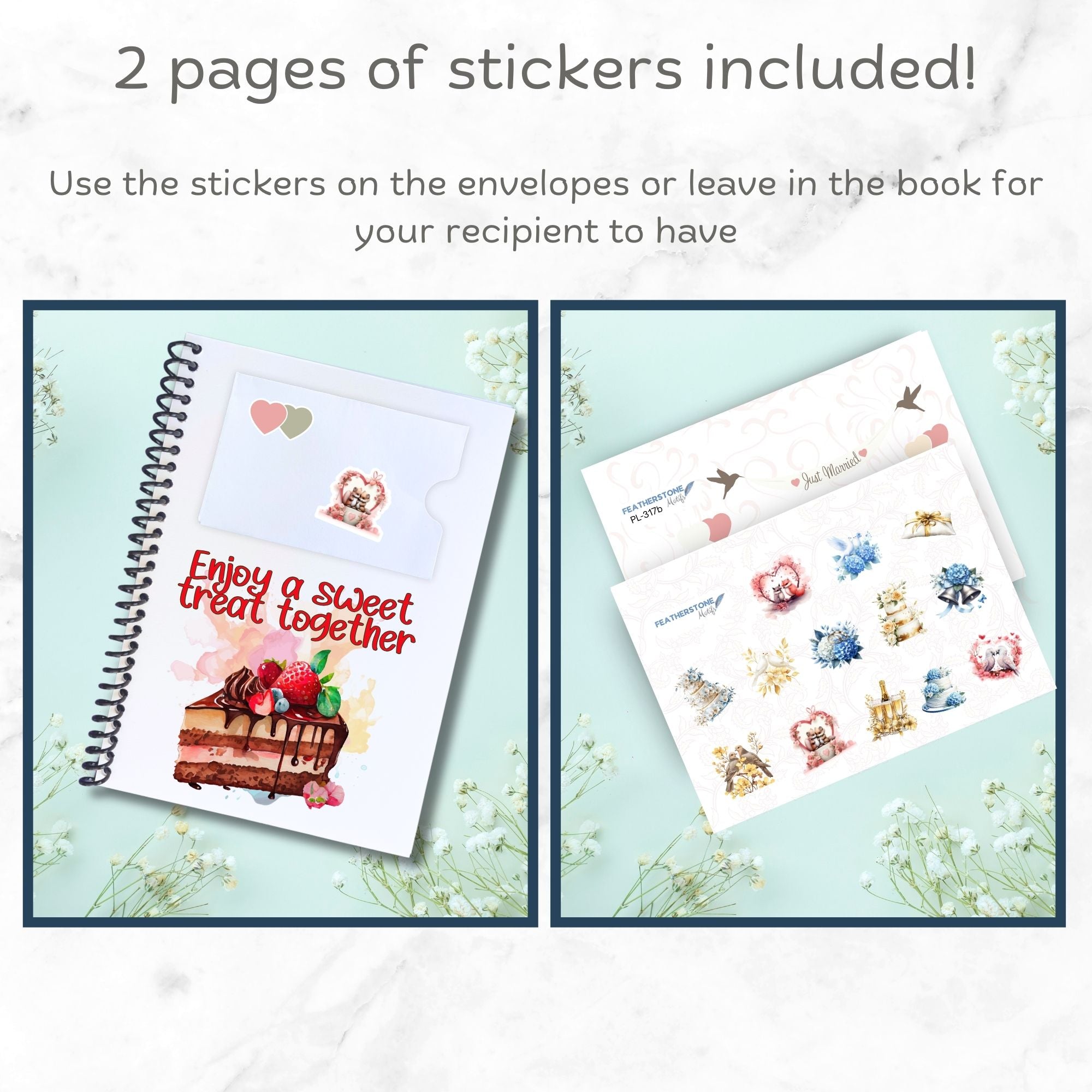 This image shows how the included matte sticker sheets can be used in the Personalized Wedding Gift Card Book with Stickers and PVC Cover - Champagne.