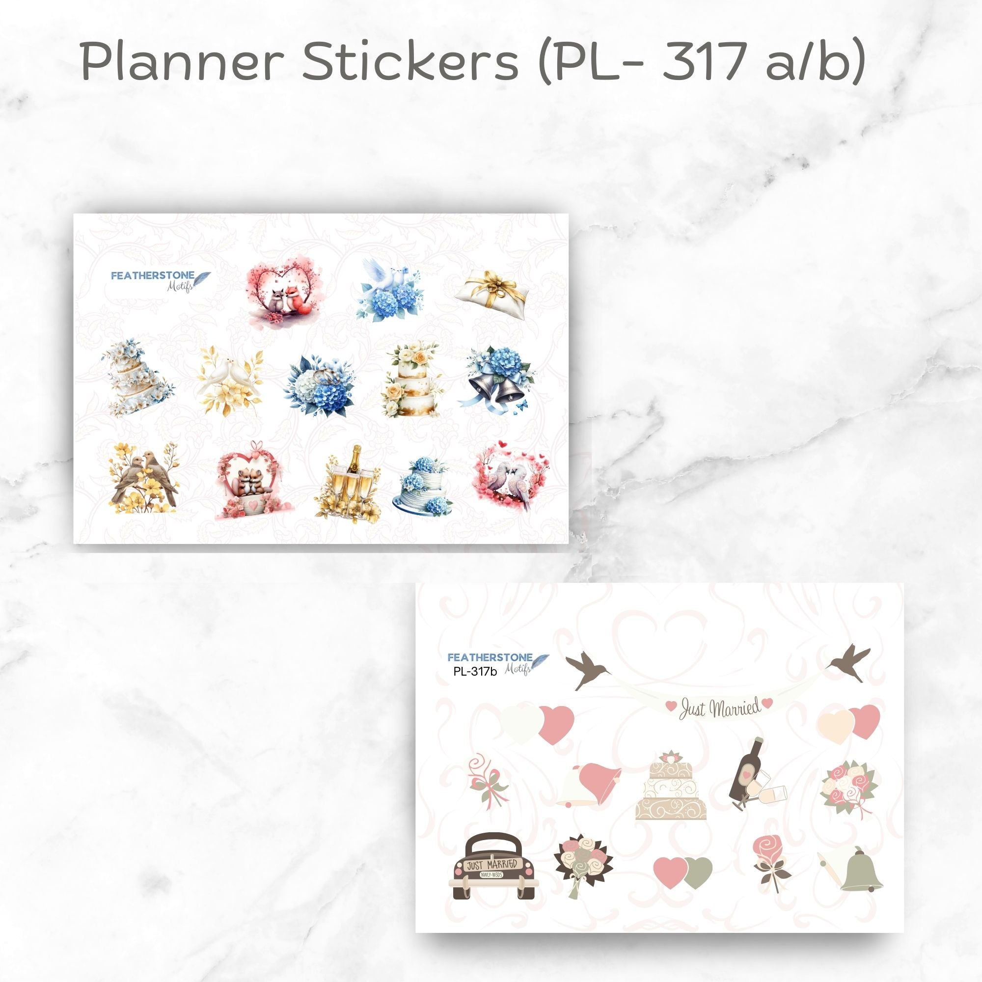 This image shows the two matte sticker sheets included with the Personalized Wedding Gift Card Book with Stickers and PVC Cover - Champagne.