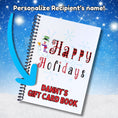 Load image into Gallery viewer, This image shows where your personalized name will be printed on the Personalized Holiday Gift Card Book with Stickers and PVC Cover - Holiday Snowman 1.
