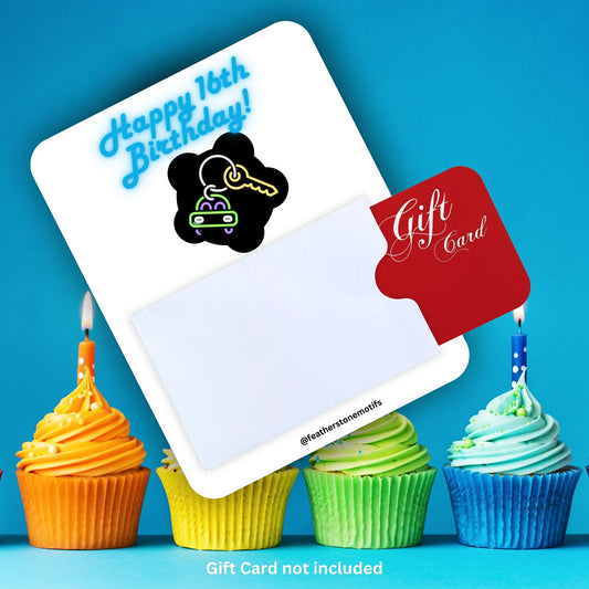 This image shows a gift card partially inside the 16th Birthday Car Keys Gift Card Holder Money Card.
