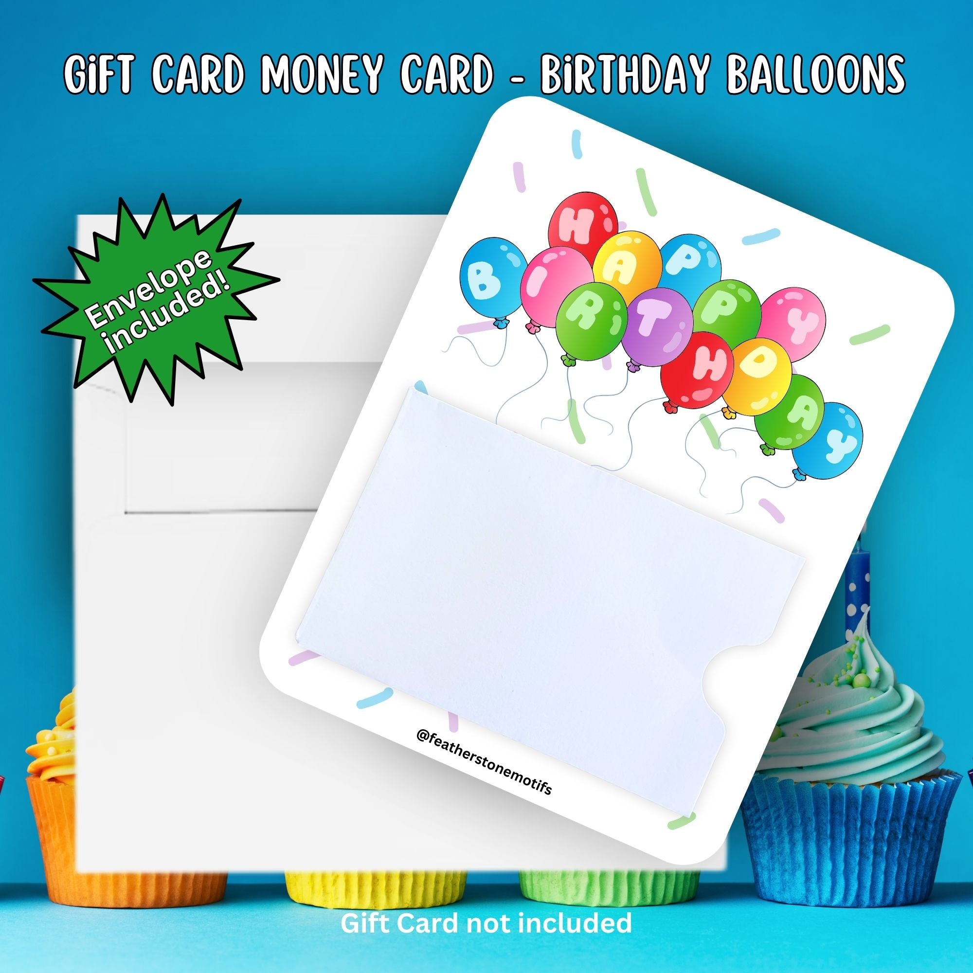 This image shows the Birthday Balloons Gift Card Holder Money Card with the included A2 envelope.