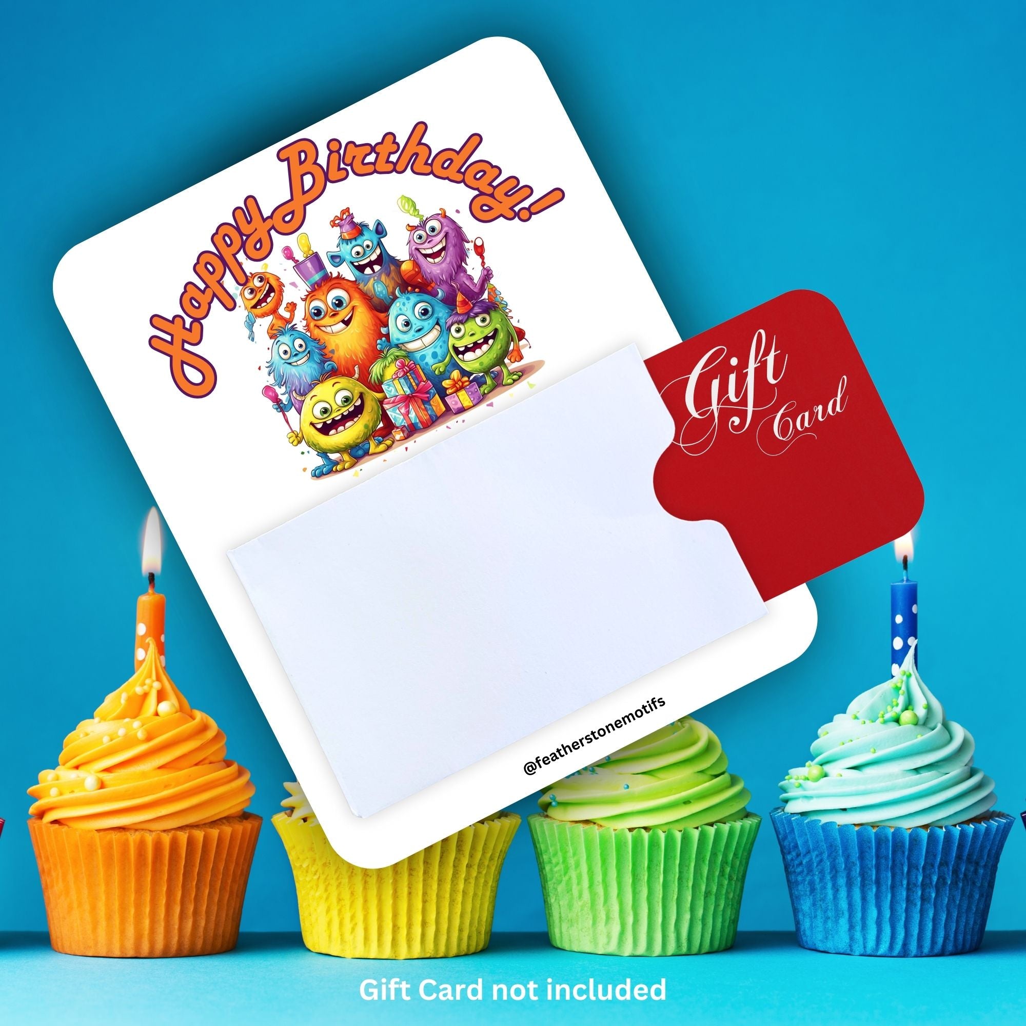 This image shows a gift card partially inside the Birthday Monsters Gift Card Holder Money Card.