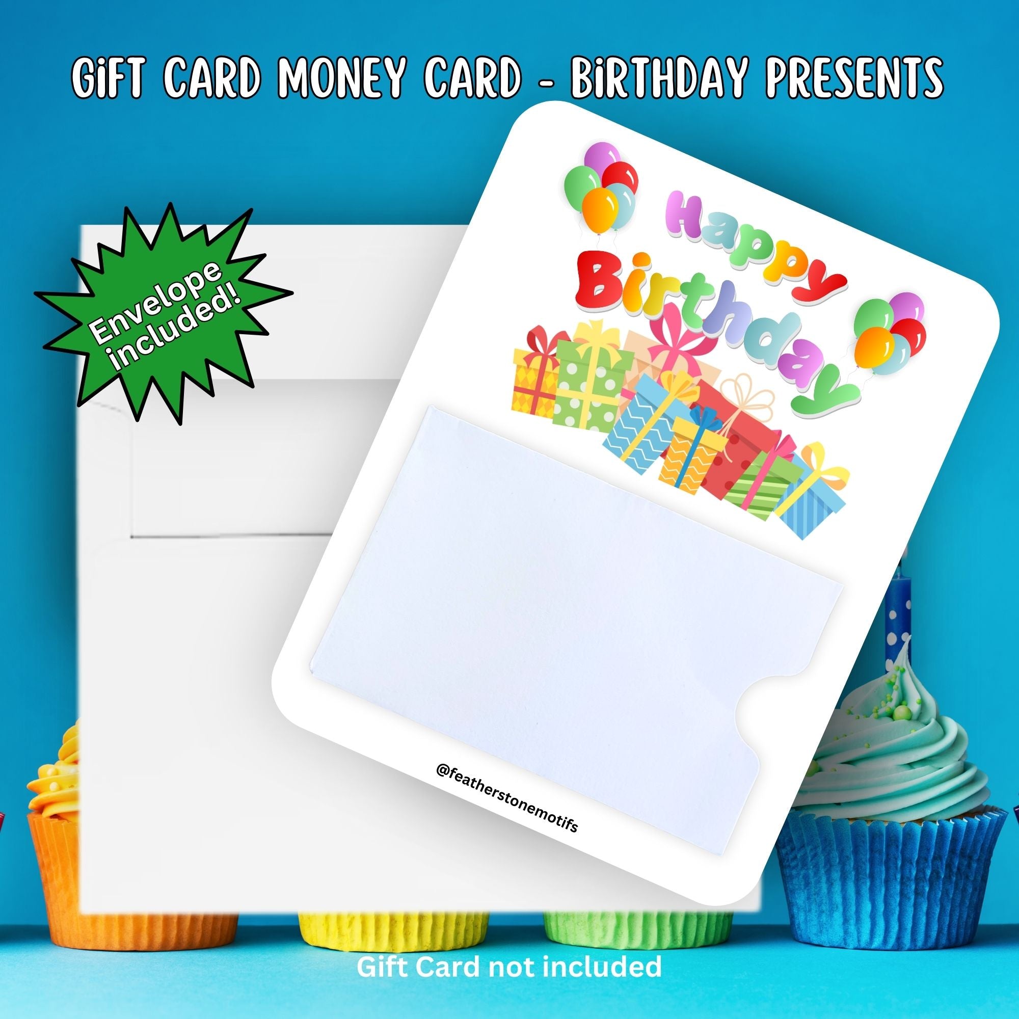 This image shows the Birthday Presents Gift Card Holder Money Card with the included A2 envelope.