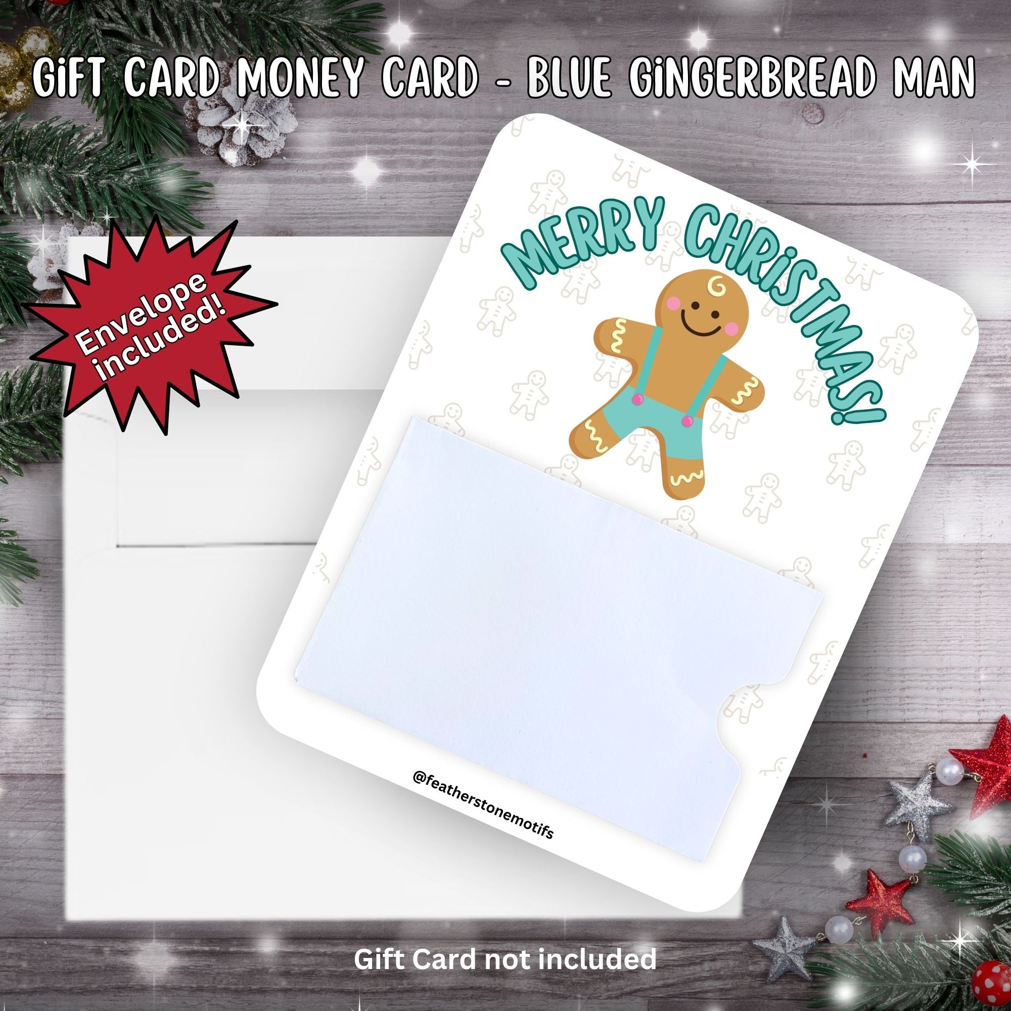 This image shows the Blue Gingerbread Man Gift Card Money Card with the included A2 envelope.