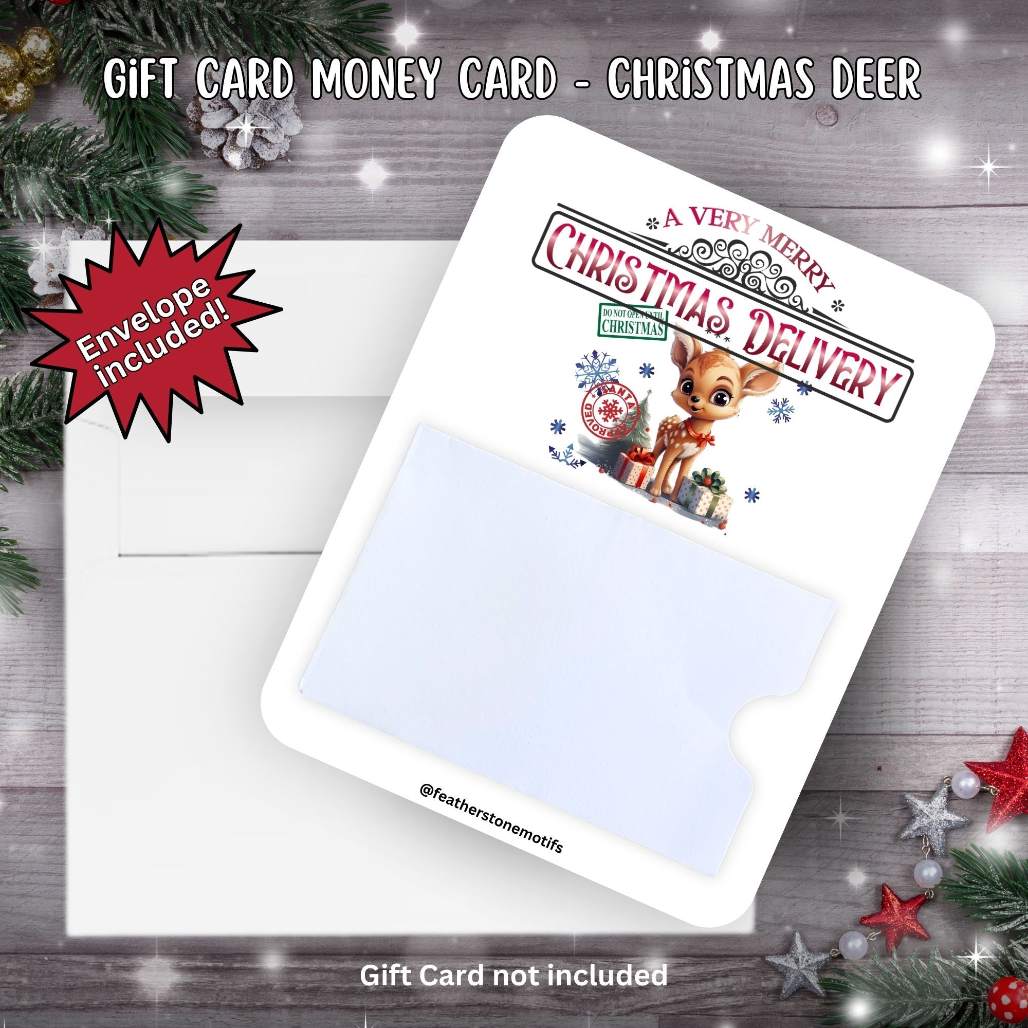 This image shows the Christmas Deer Gift Card Money Card with the included A2 size envelope.