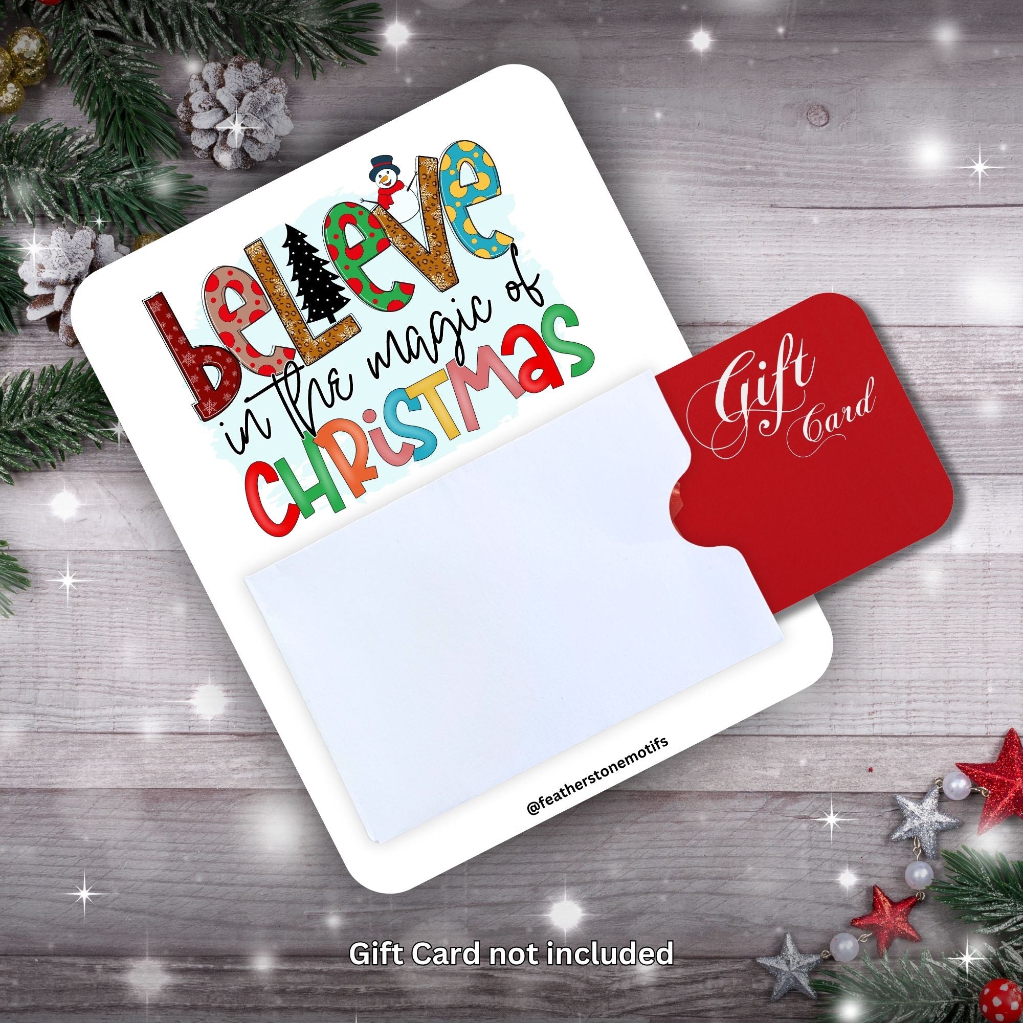 This image shows a gift card partially inside the Christmas Magic Gift Card Money Card.