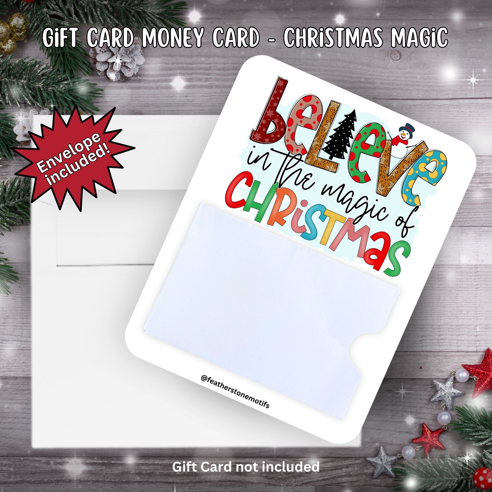 This image shows the Christmas Magic Gift Card Money Card with the included A2 size envelope.