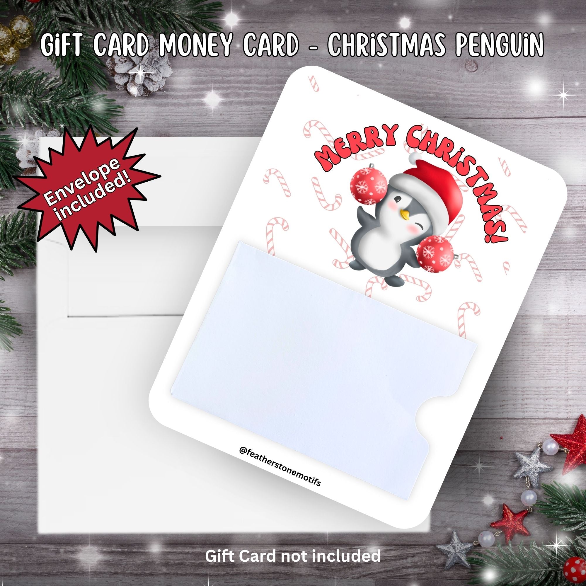 This image shows the Christmas Penguin Gift Card Money Card with the included A size envelope.