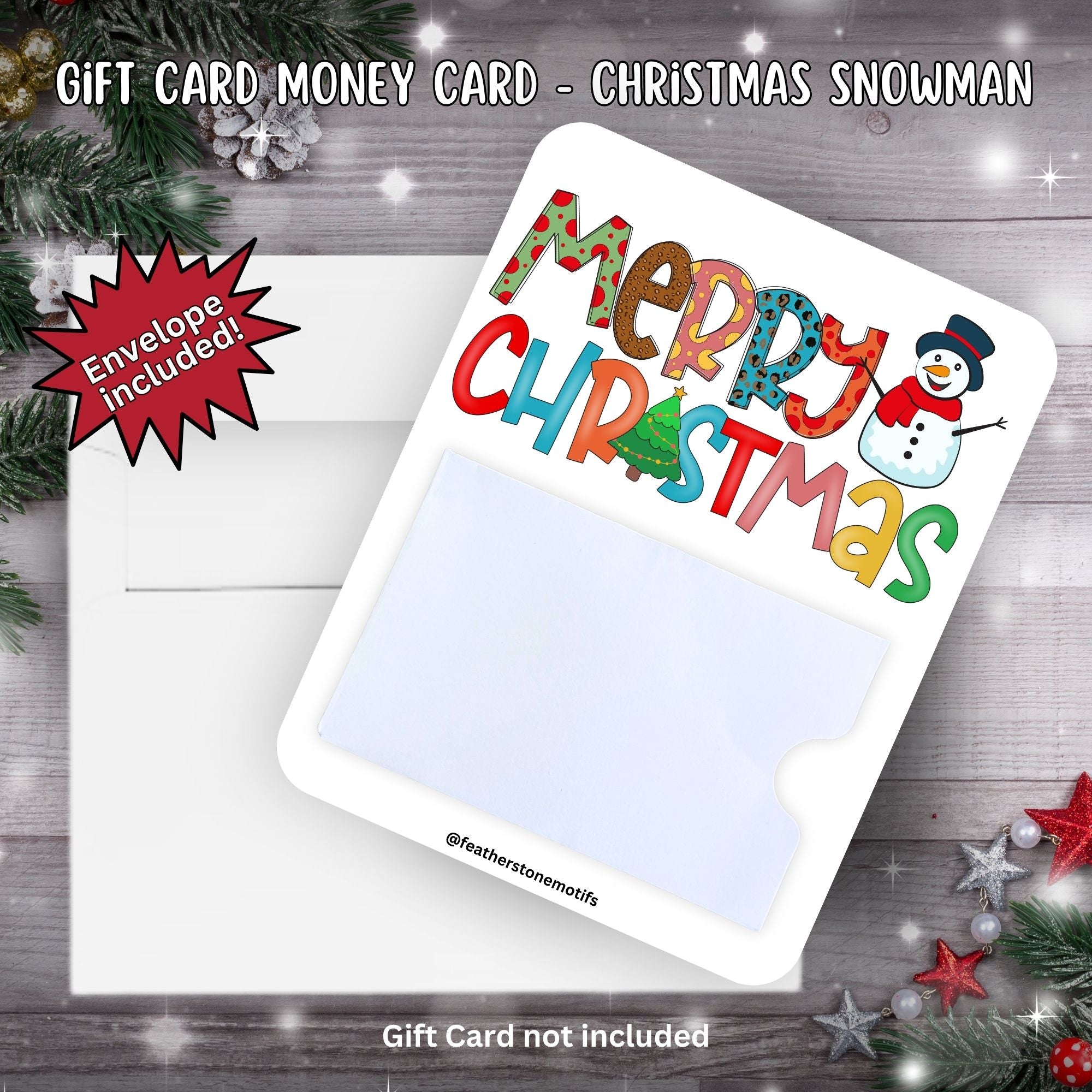 This image shows the Christmas Snowman Gift Card Money Card with the included A2 size envelope.