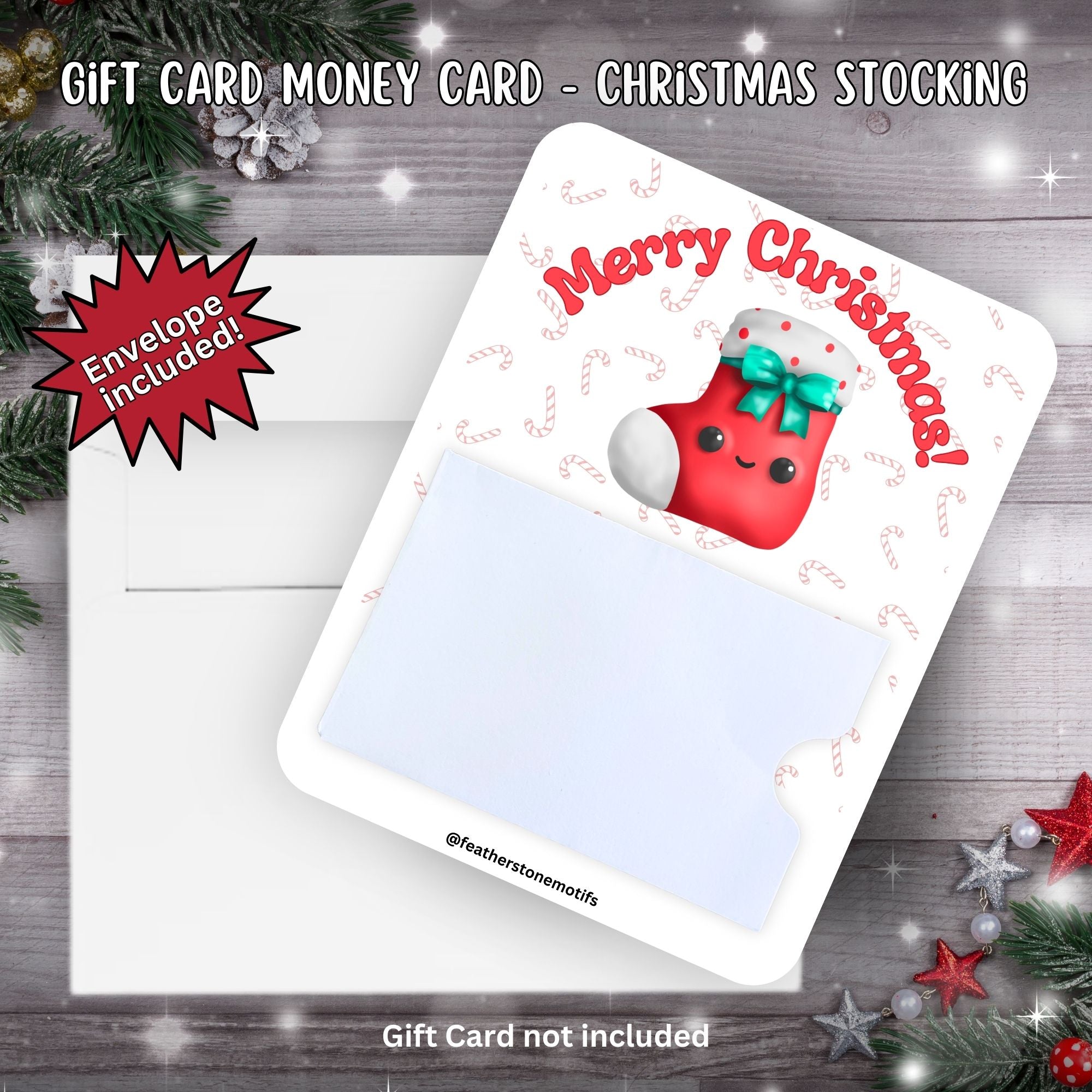 This image shows the Christmas Stocking Gift Card Money Card with the included A2 size envelope.