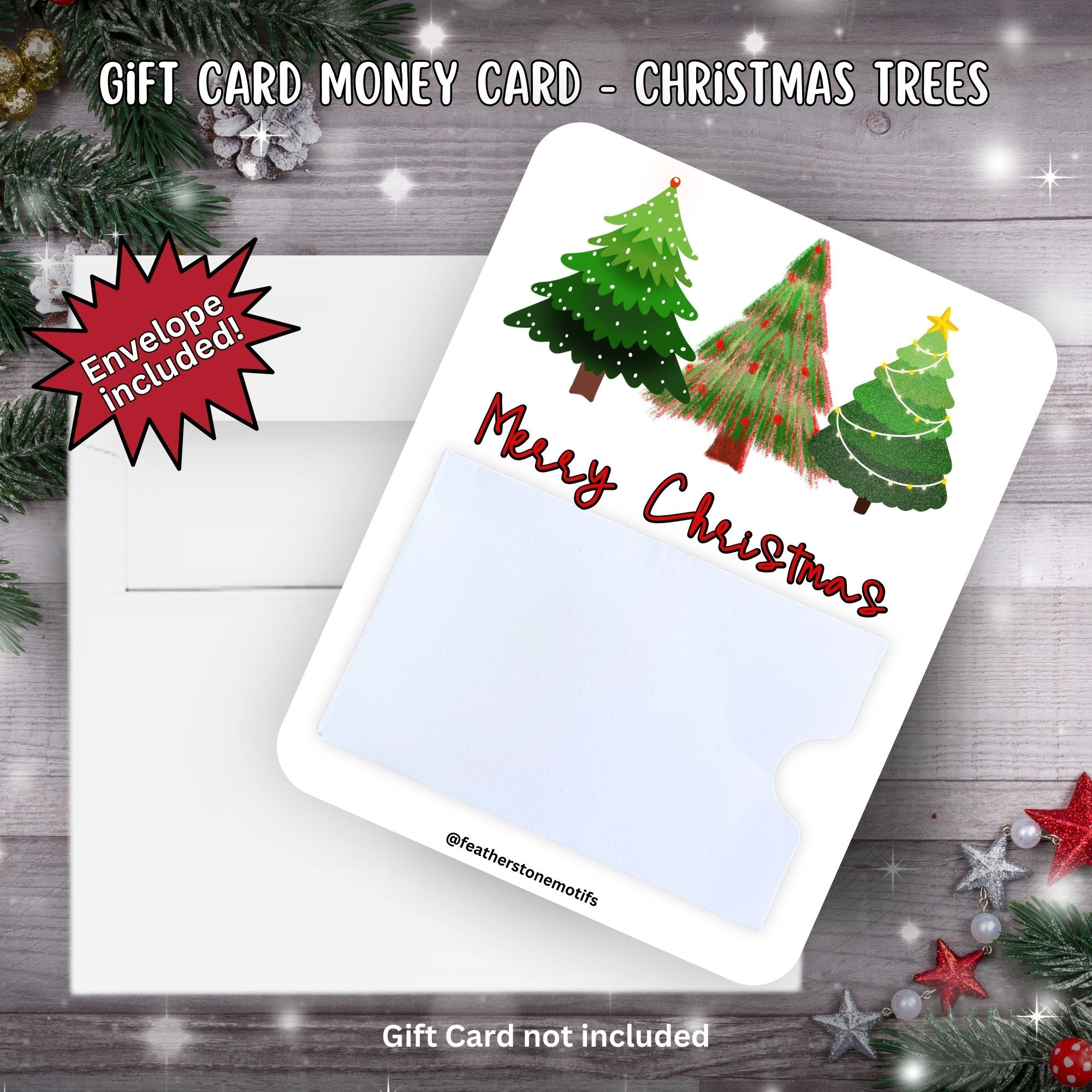 This image shows the Christmas Trees Gift Card Money Card with the included A2 envelope.