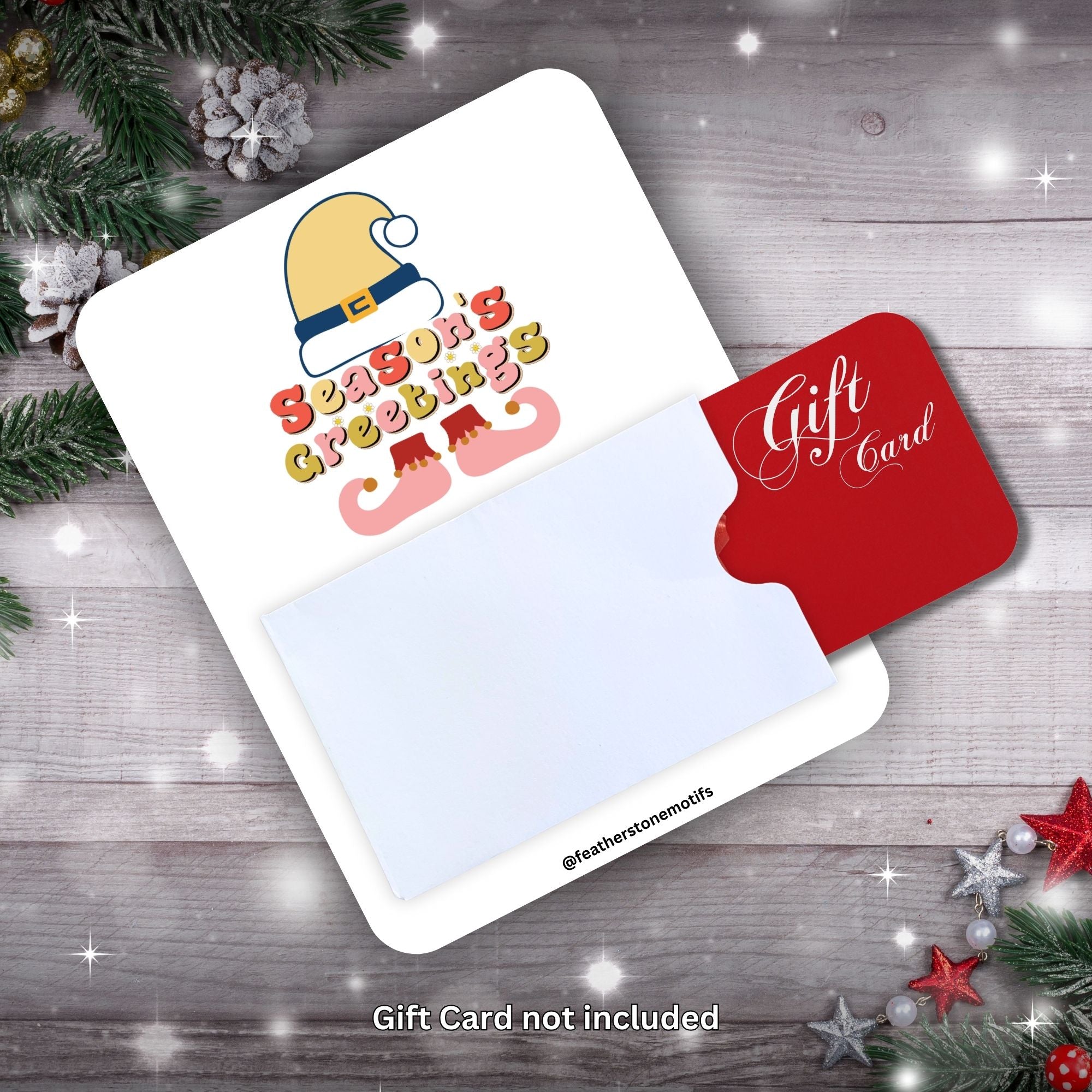 This image shows a gift card partially inside the Elf Greetings Gift Card Money Card.