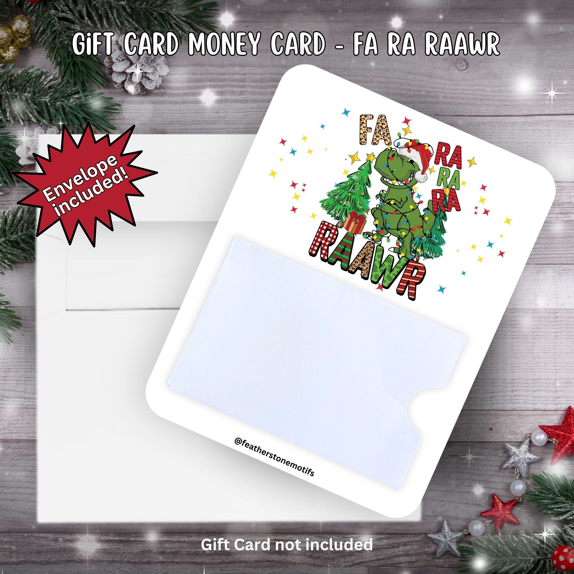 This image shows the Fa Ra Raawr Gift Card Money Card with the included A2 size envelope.