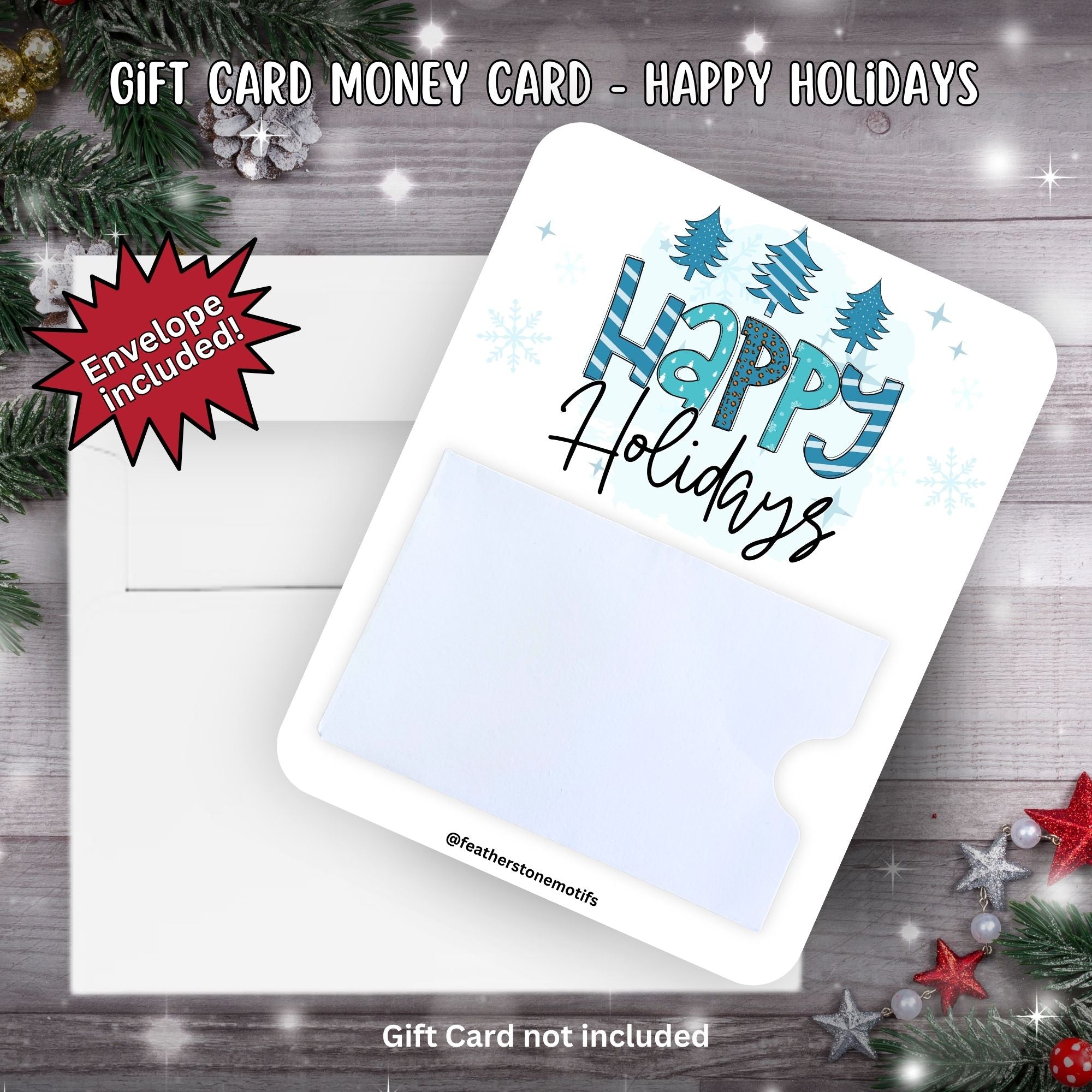 This image shows the Happy Holidays Gift Card Money Card with the included A2 size envelope.