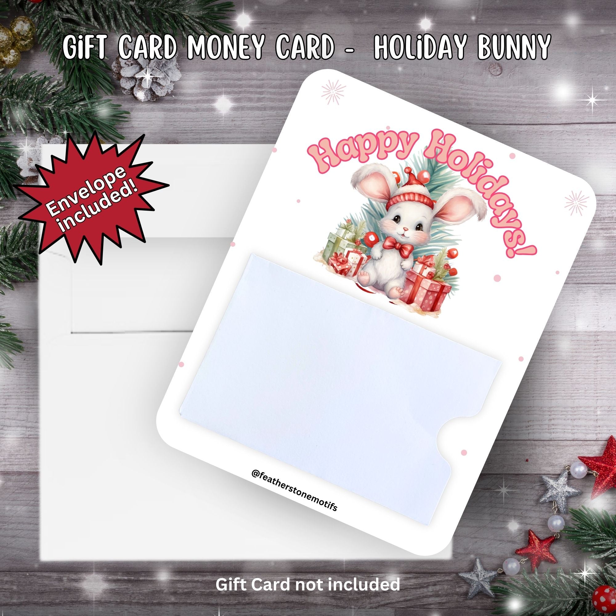 This image shows the Holiday Bunny Gift Card Money Card with the included A2 size envelope.