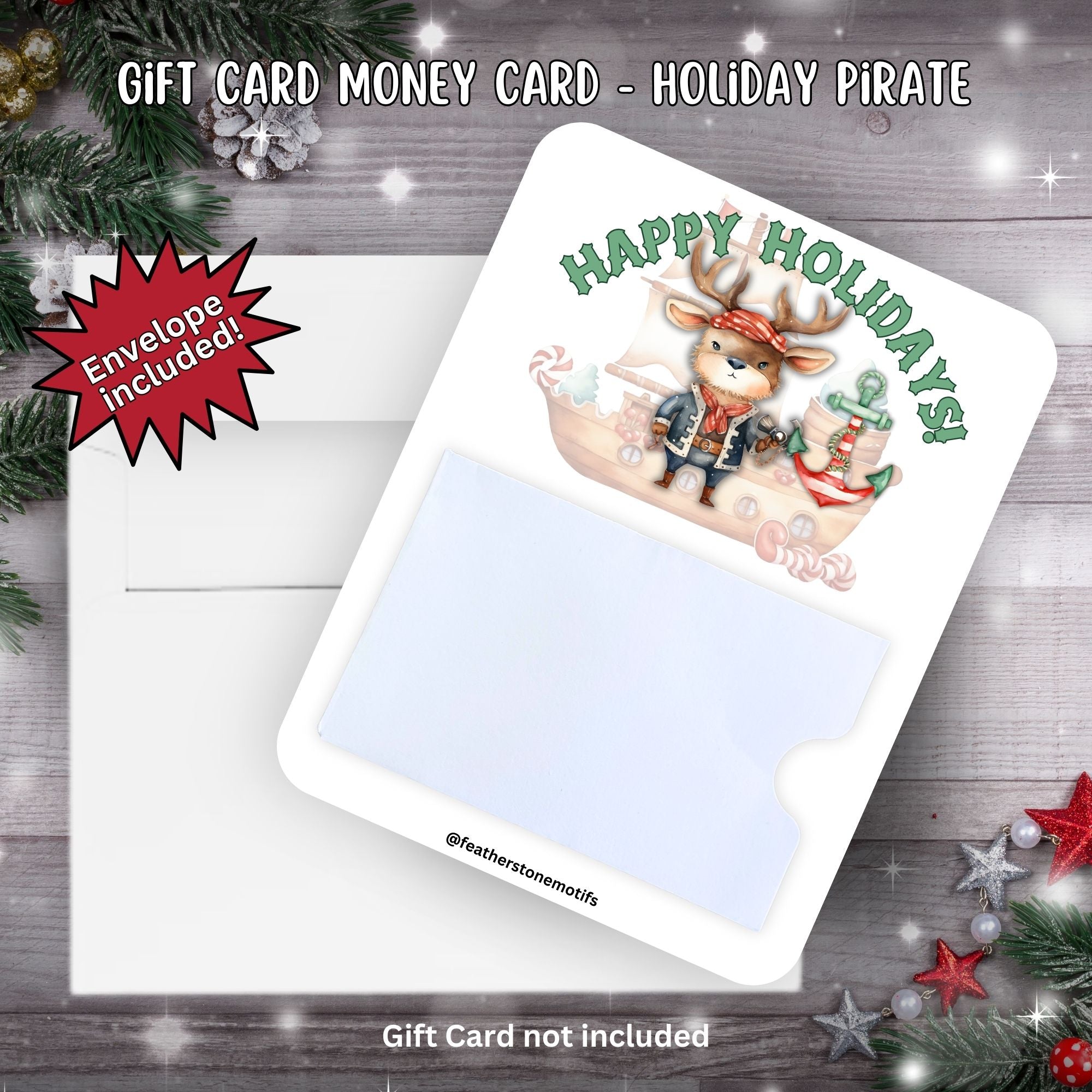 This image shows the Holiday Pirate Gift Card Holder Money Card with the included A2 envelope.