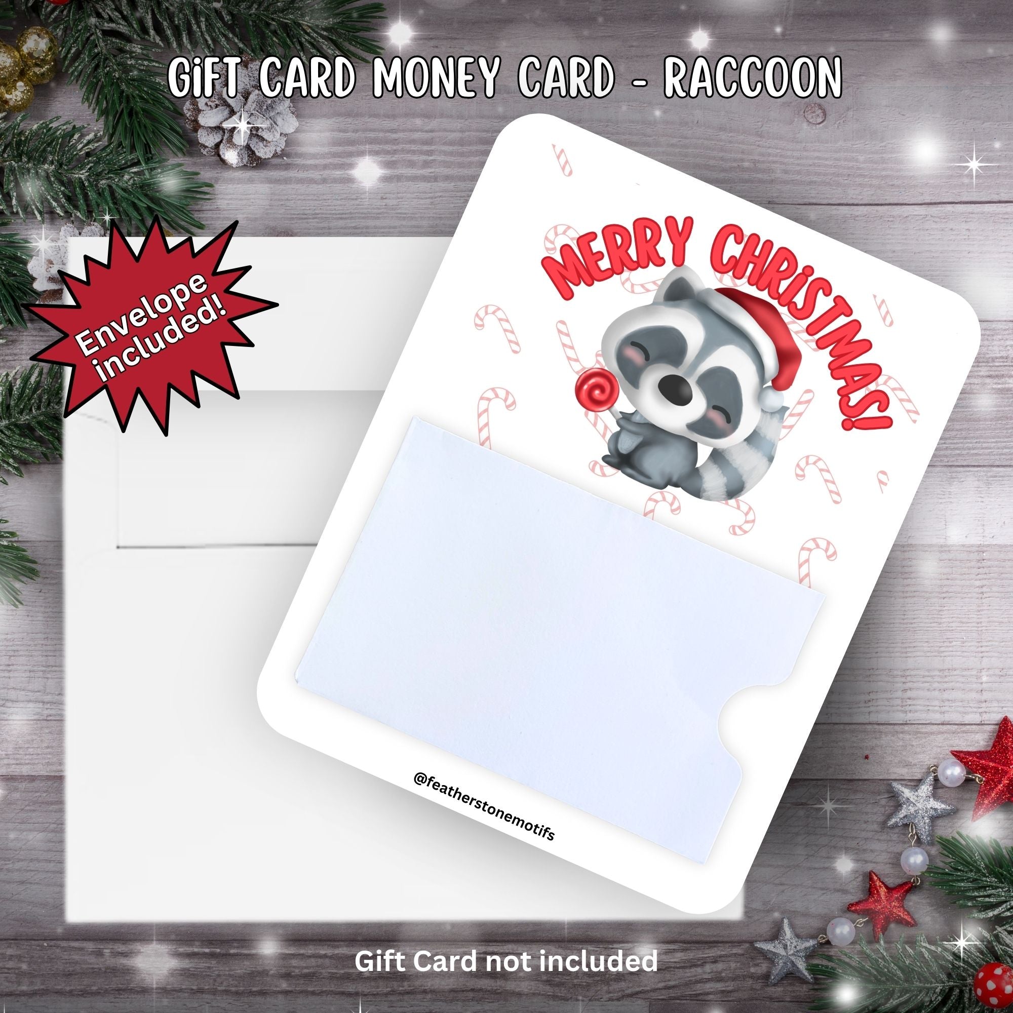 This image shows the Christmas Raccoon Gift Card Holder Money Card with the included A2 envelope.