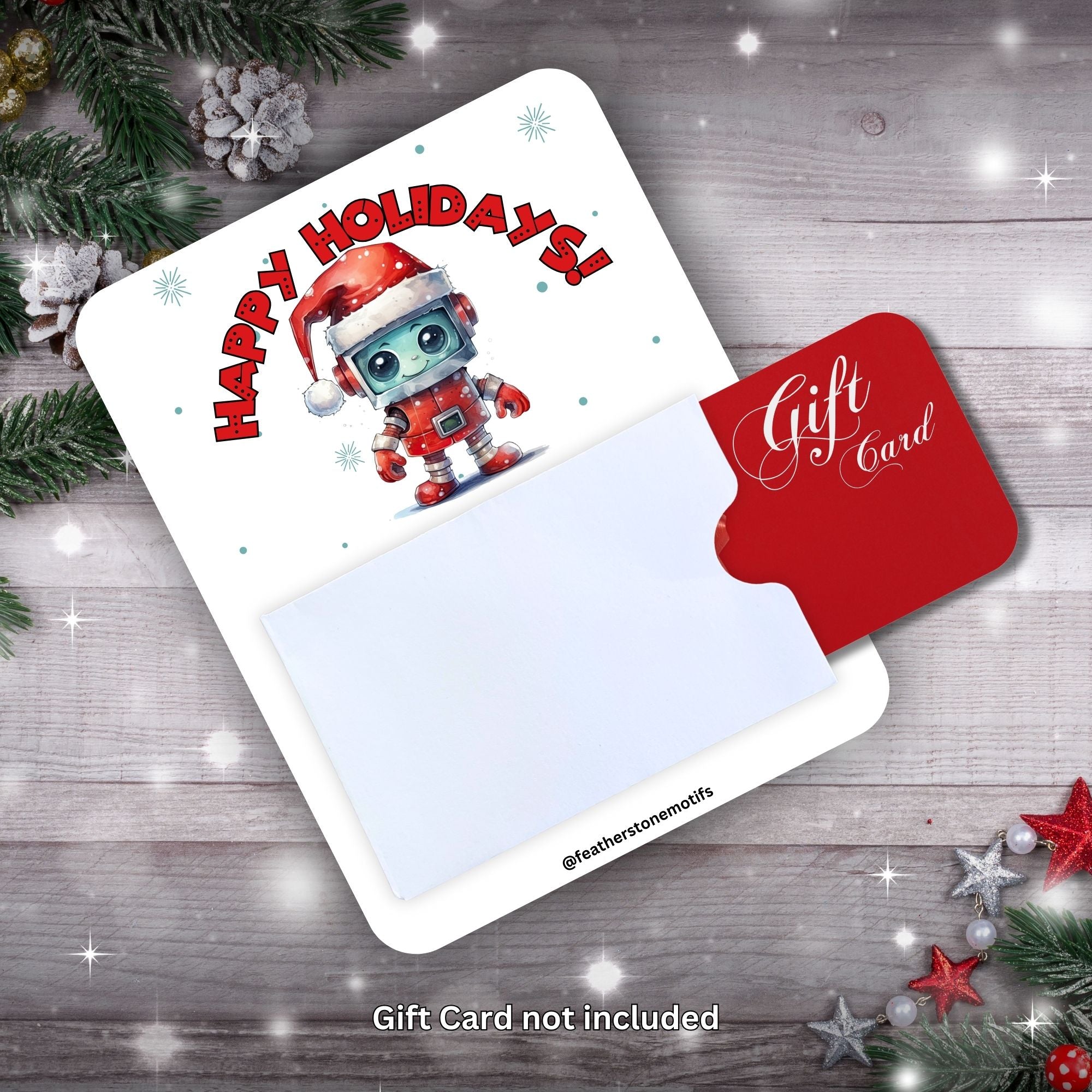 This image show a gift card partially inside the Robot Gift Card Holder Money Card.