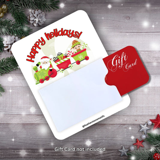 This image shows a gift card partially inside the Santa Train Gift Card Holder Money Card.