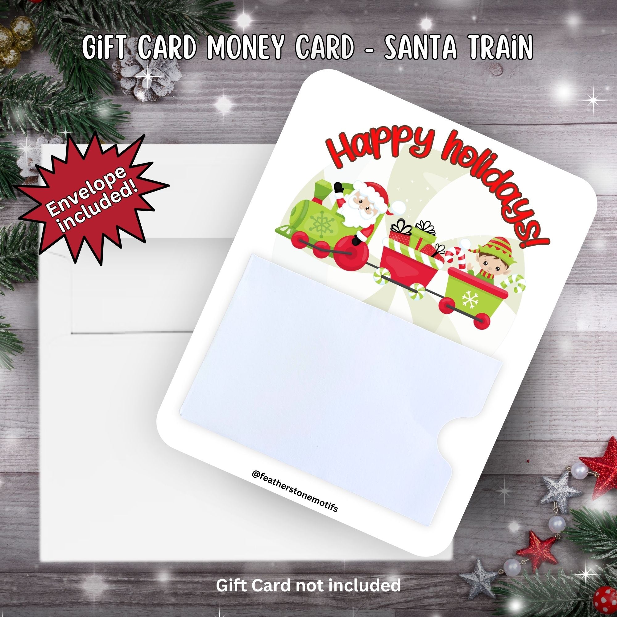 This image shows the Santa Train Gift Card Holder Money Card with the included A2 envelope.