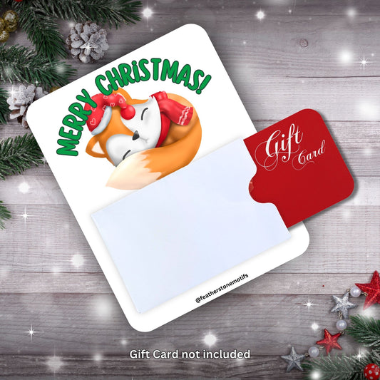 This image shows a gift card partially inside the Sleepy Fox Holiday Gift Card Holder Money Card.