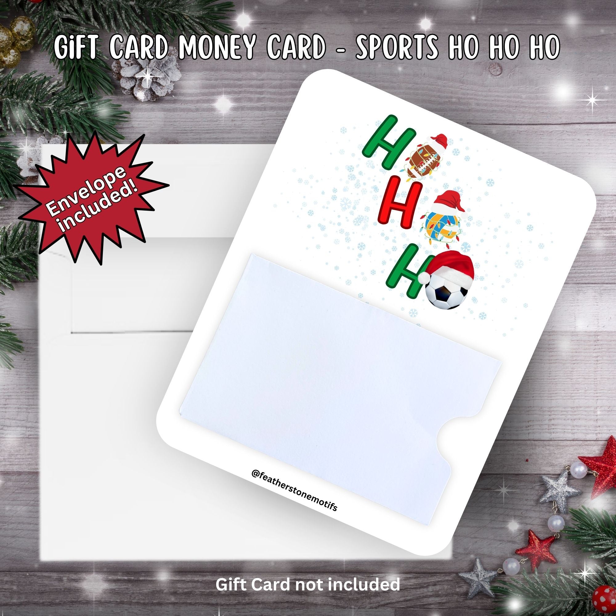 This image shows the Sports Ho Ho Ho Gift Card Holder Money Card with the included A2 envelope.