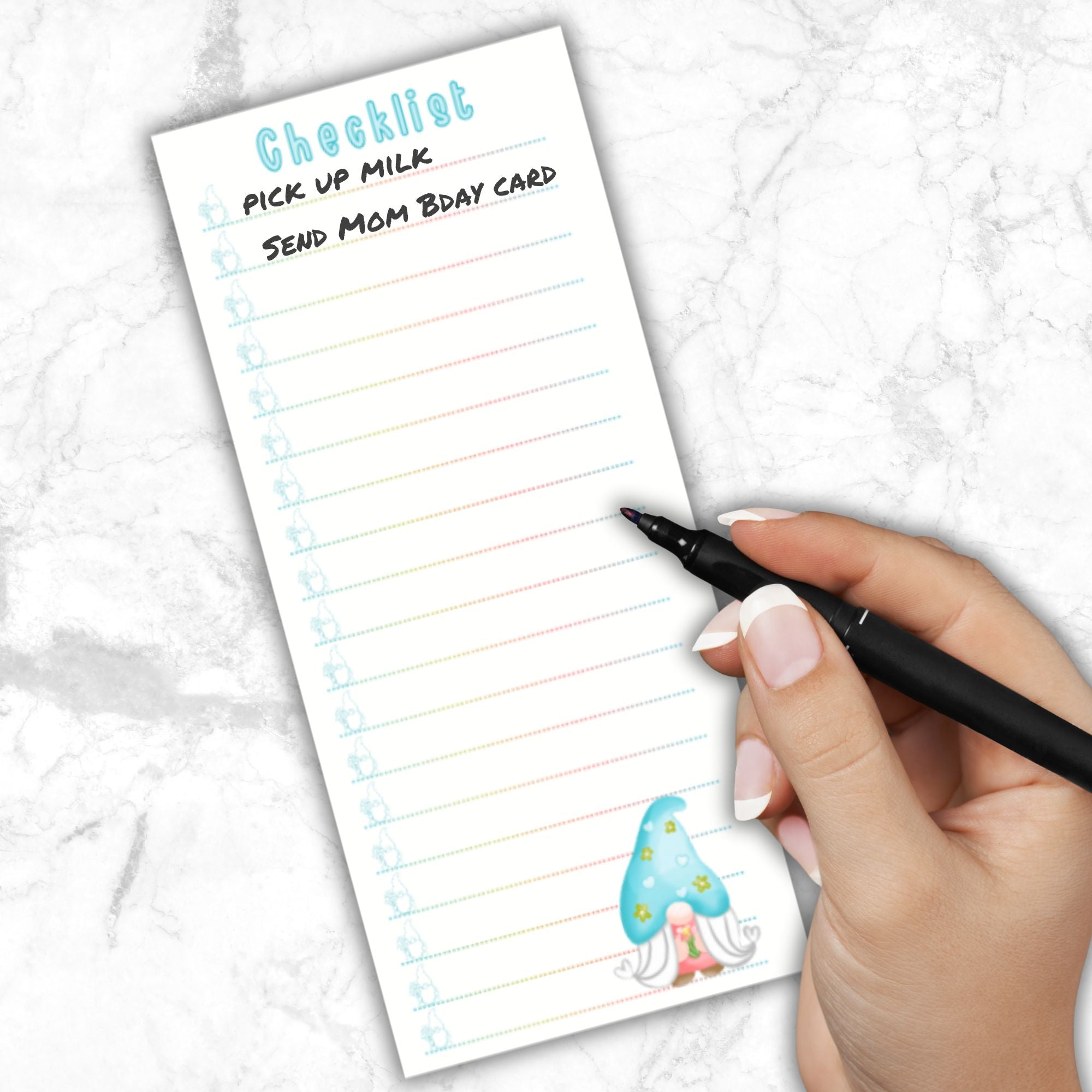 This image shows a Checklist Notepad - Gnomes with a list started on it.