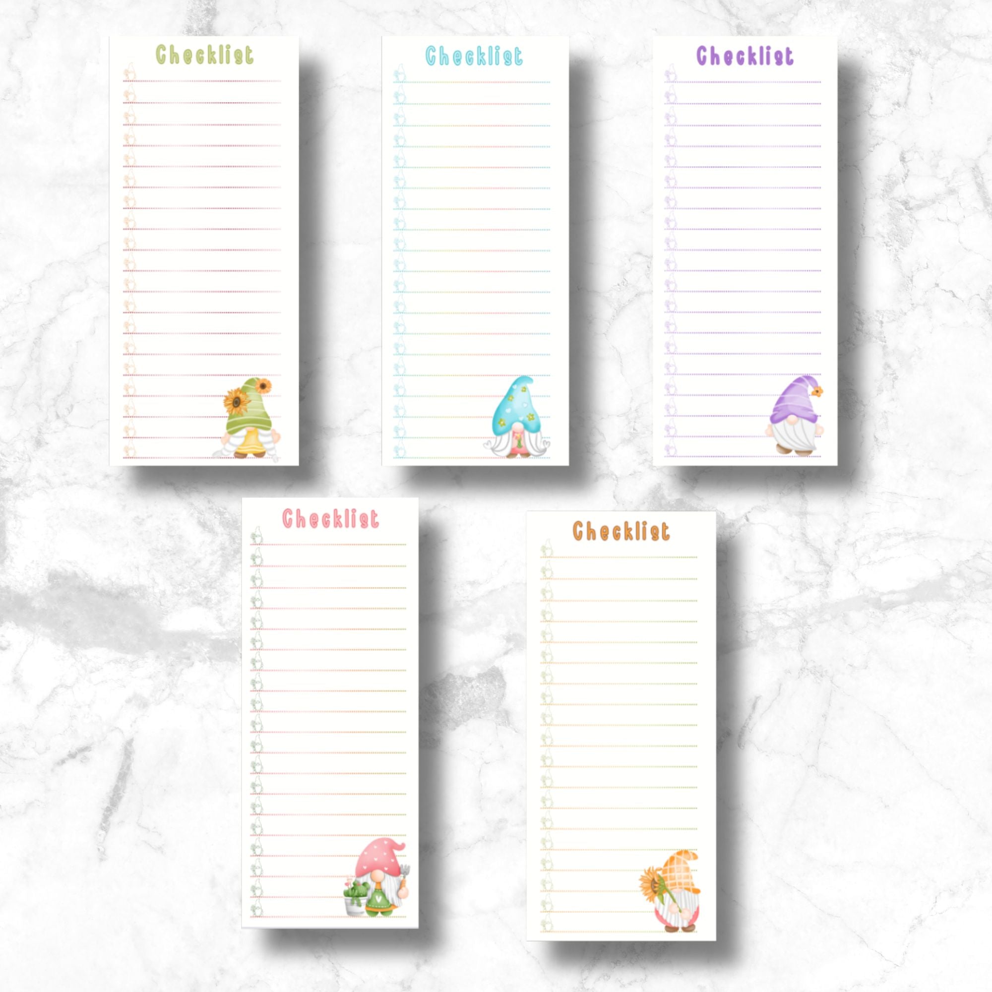 This image shows the 5 different designs included in the Checklist Notepad - Gnomes.