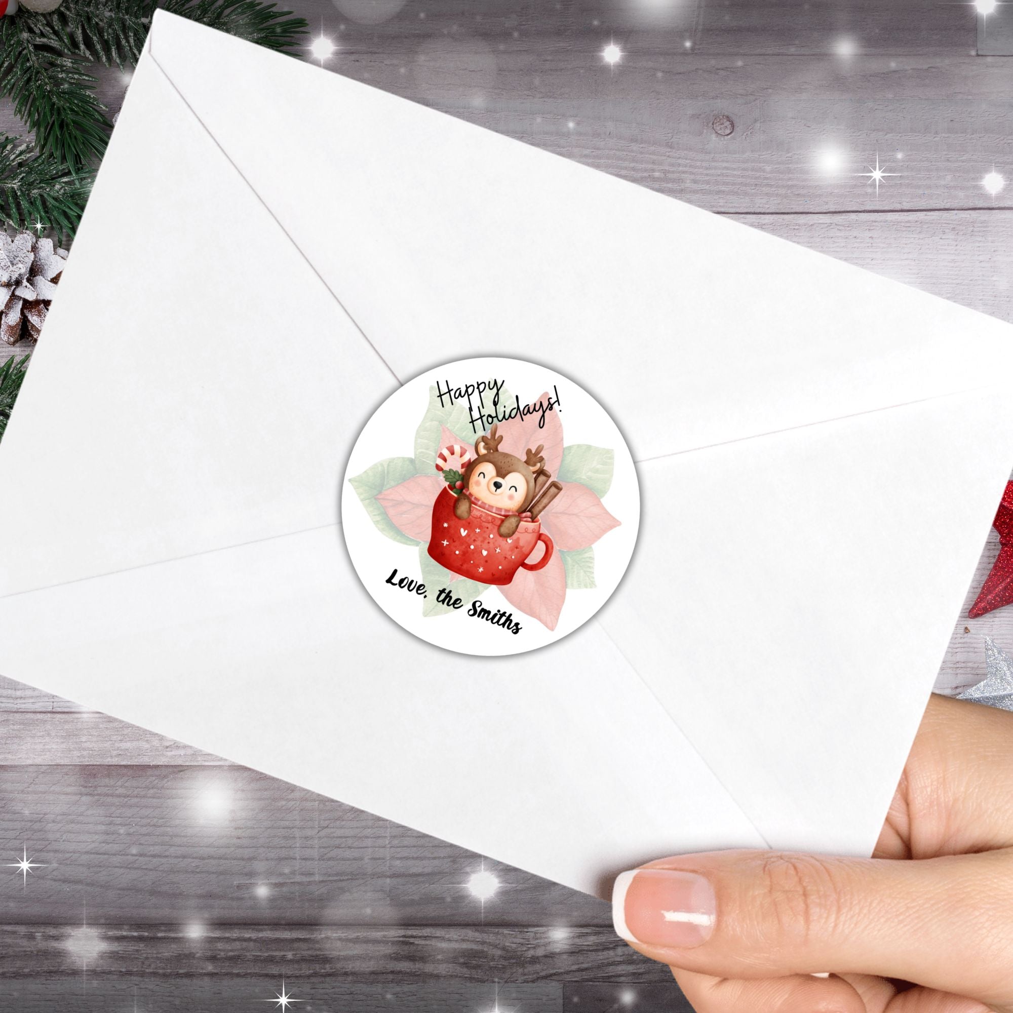 This image shows the Personalized Holiday Stickers - Reindeer Mug on the back of an envelope.