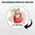 Load image into Gallery viewer, This image shows where your personalized message will be printed on the Personalized Holiday Stickers - Reindeer Mug.
