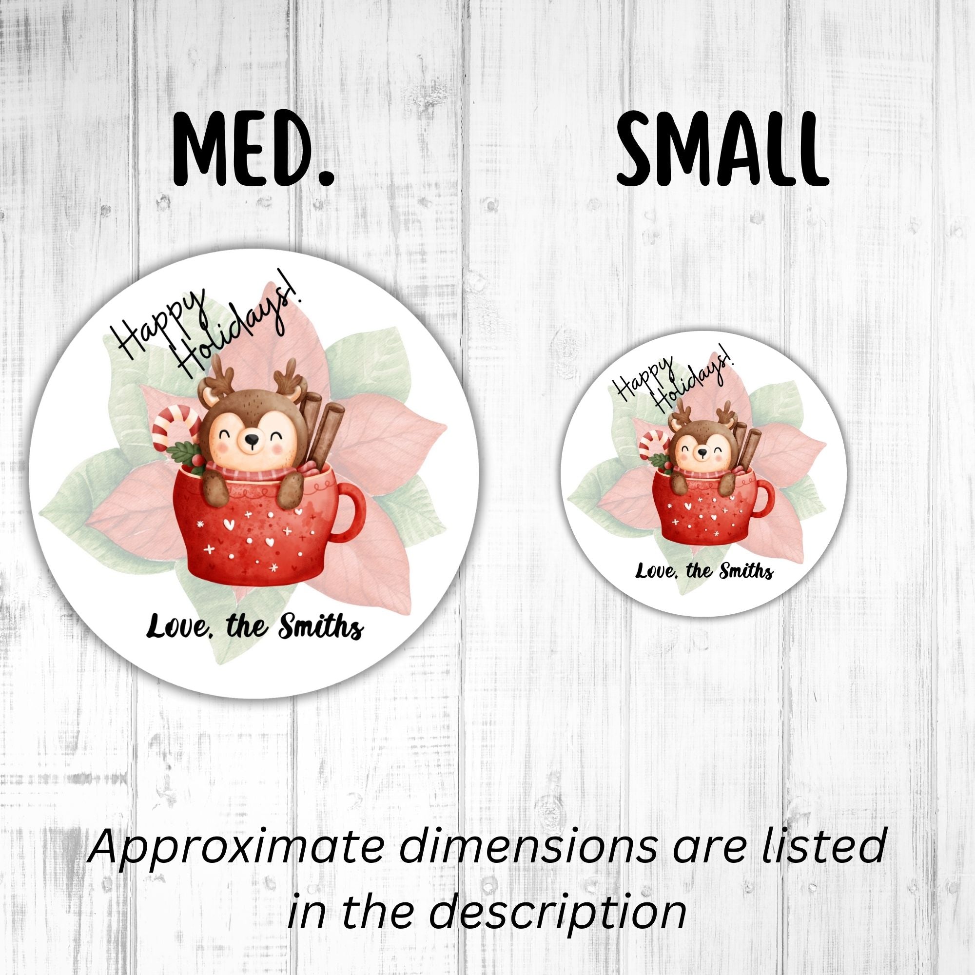 This image shows medium and small Personalized Holiday Stickers - Reindeer Mug next to each other.