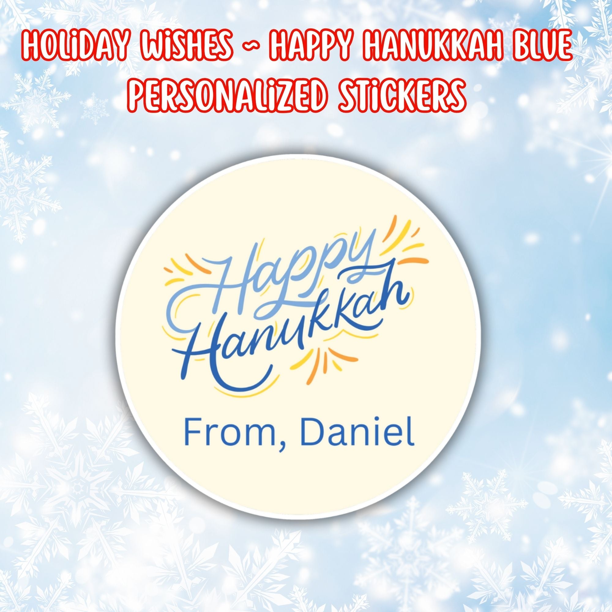 This image shows the Personalized Holiday Stickers - Happy Hanukkah Blue.