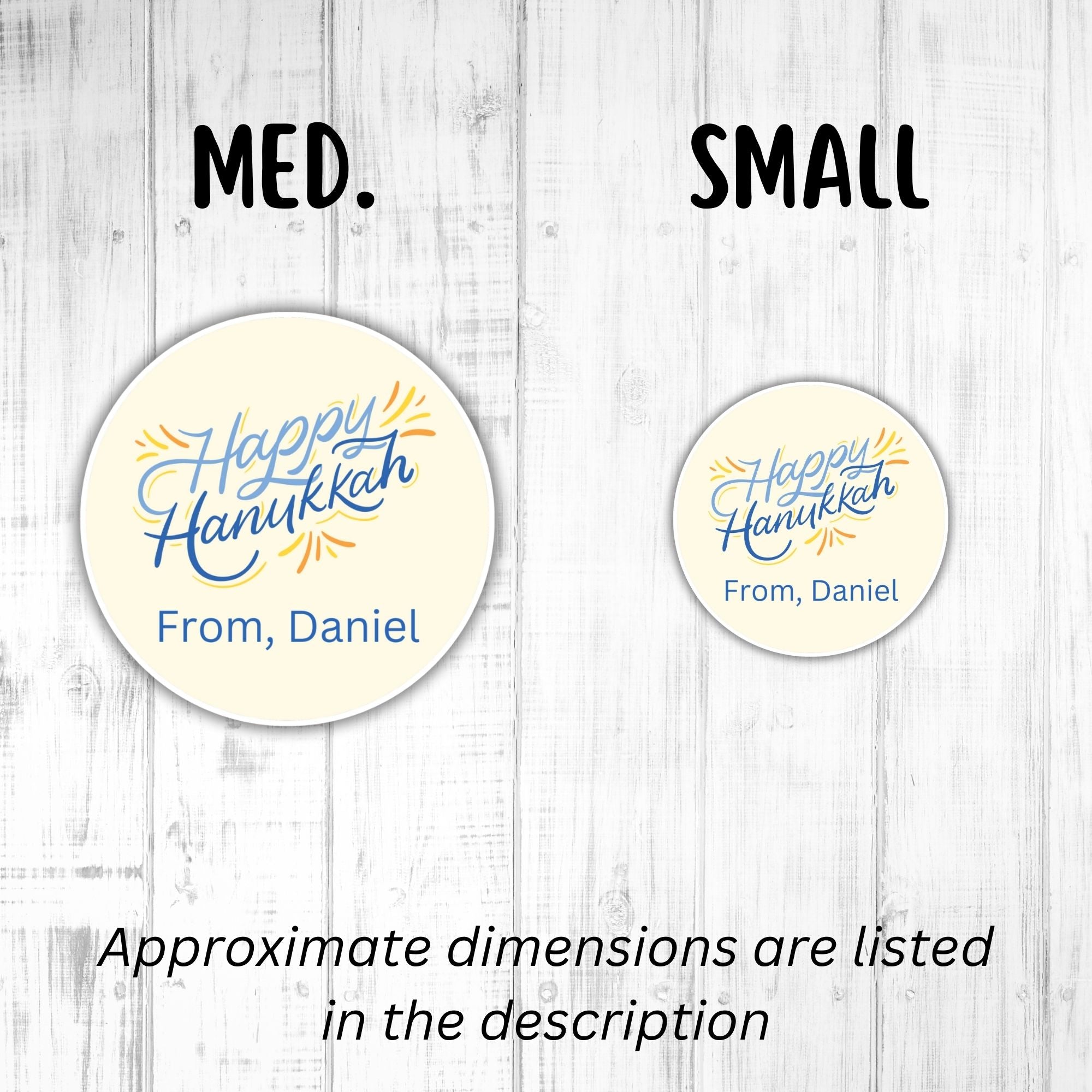 This image shows medium and small Personalized Holiday Stickers - Happy Hanukkah Blue next to each other.