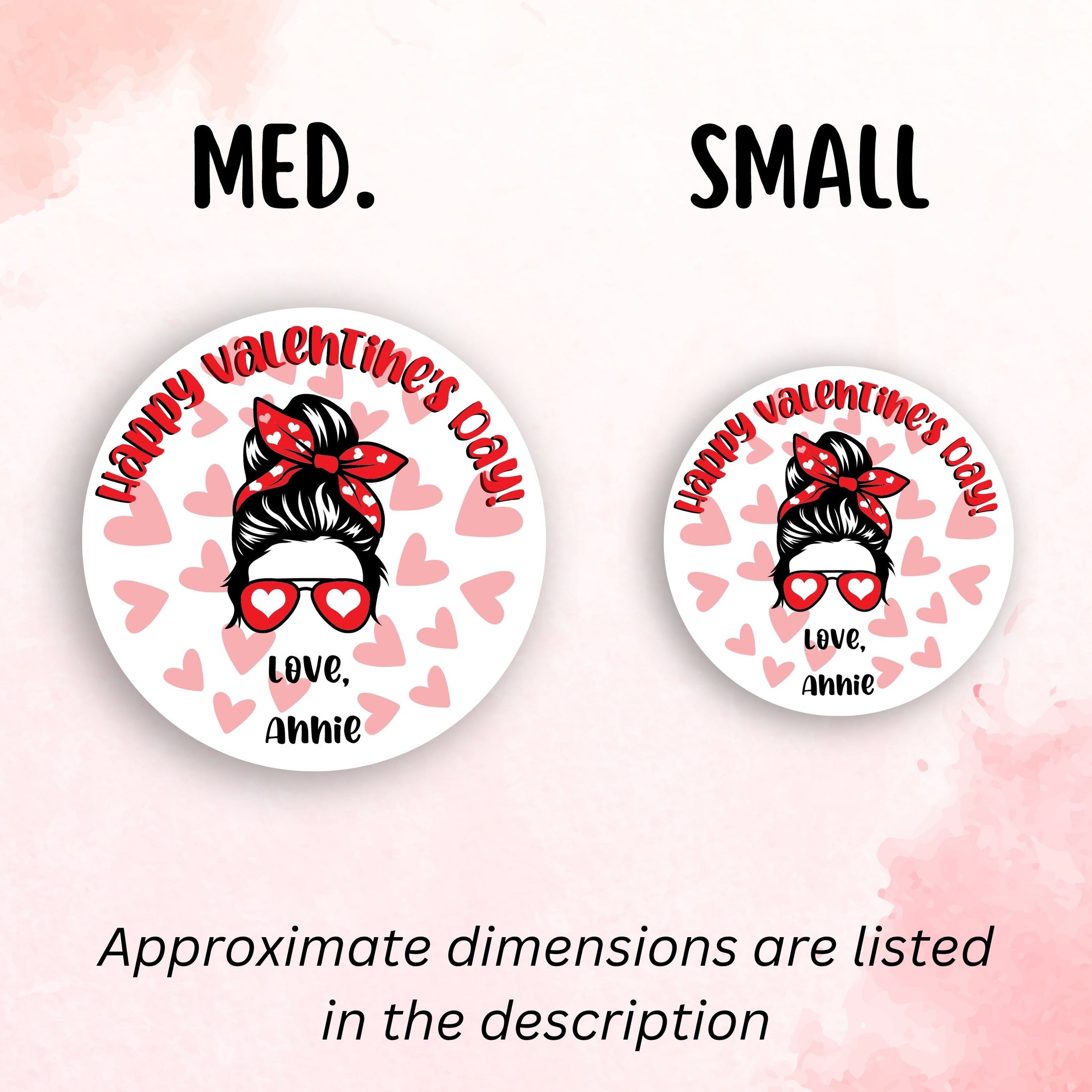 This image shows medium and small personalized valentine stickers next to each other as a size comparison.