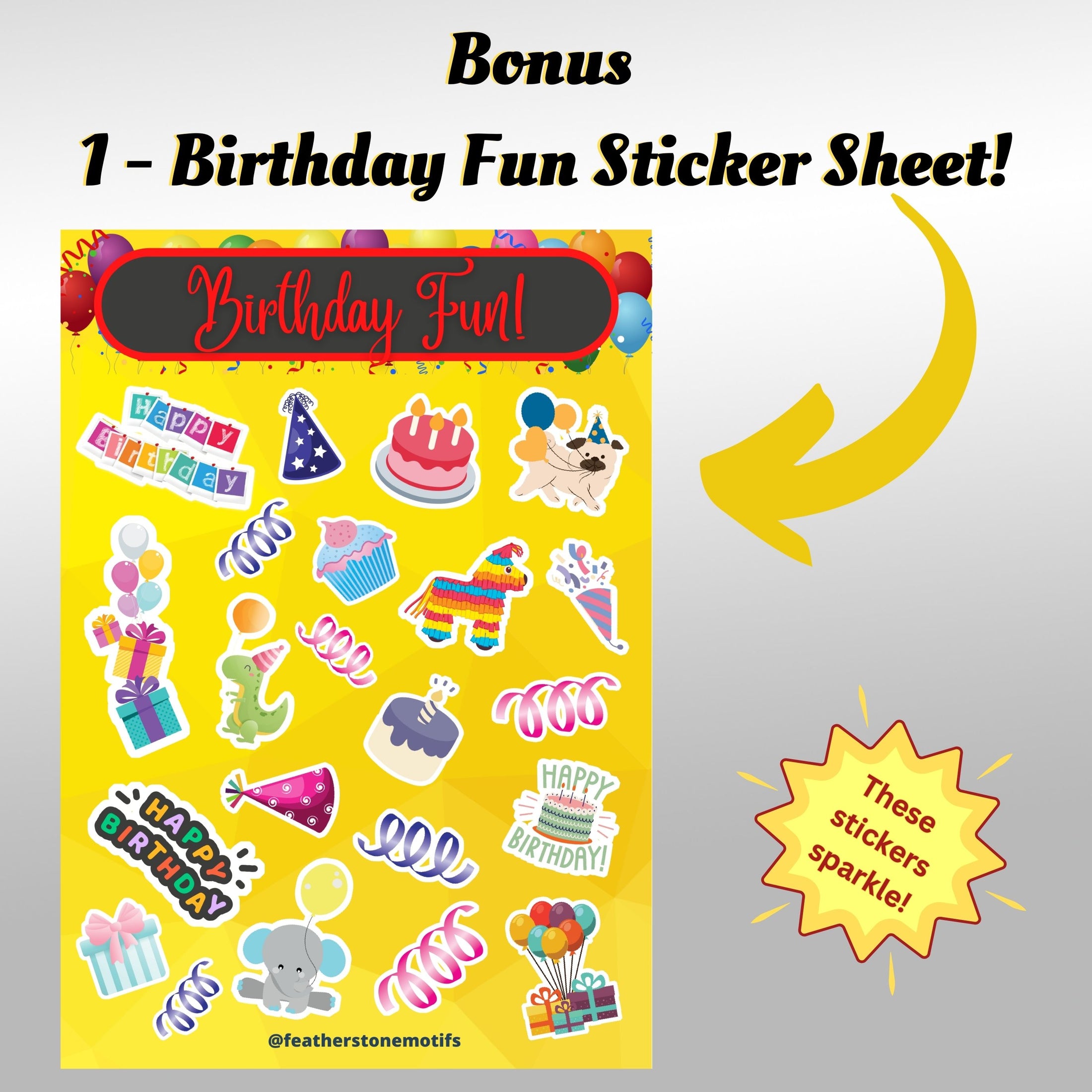 This image shows the Birthday Fun sticker sheet that is included with each order.