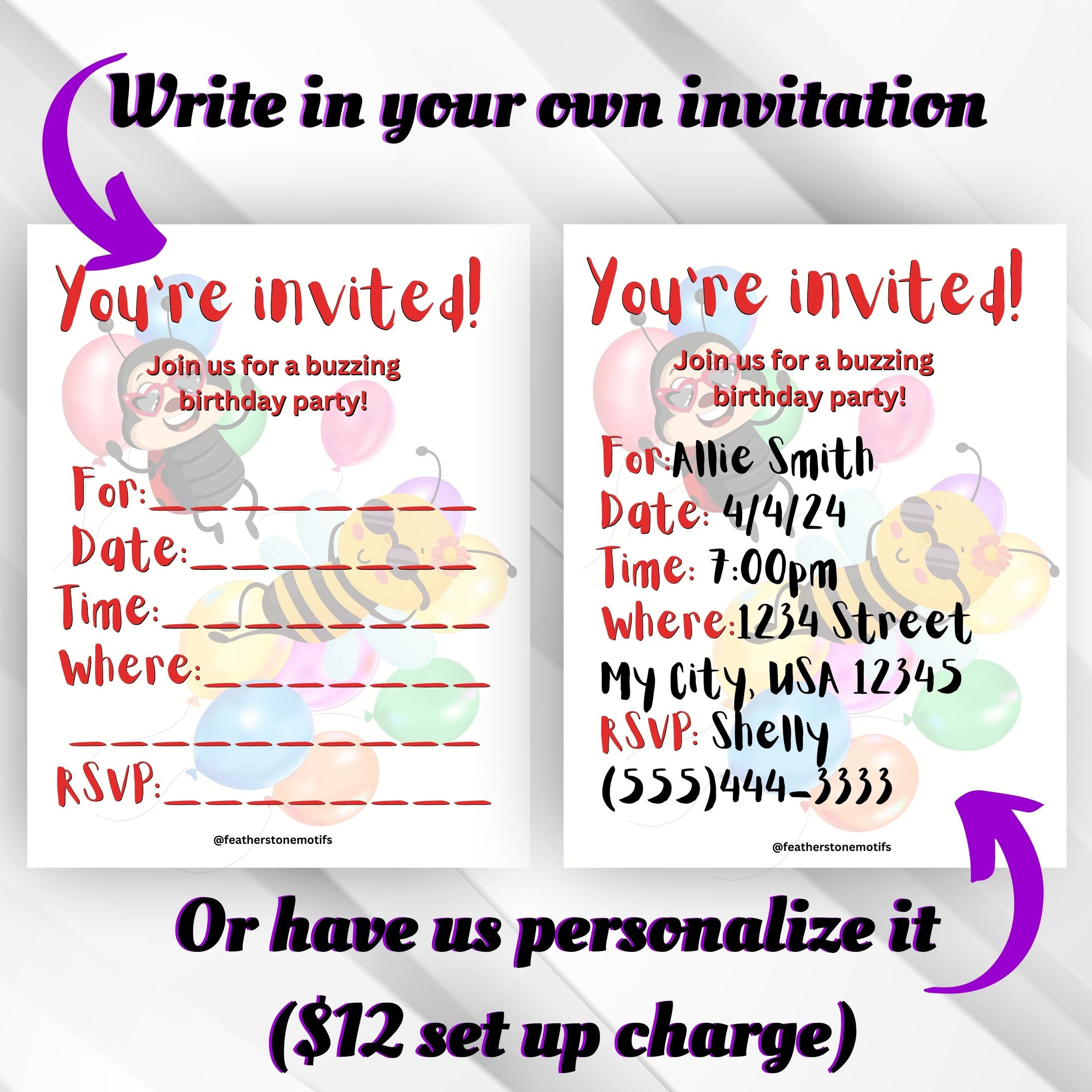 This image shows the invitation with blank lines to fill in yourself, or pre-printed by Featherstone Motifs for an additional set up fee.