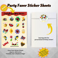 Load image into Gallery viewer, This image shows the ladybugs and bees sticker sheet included as a party favor, the cellophane bag, and the personalized paper thank you sticker.
