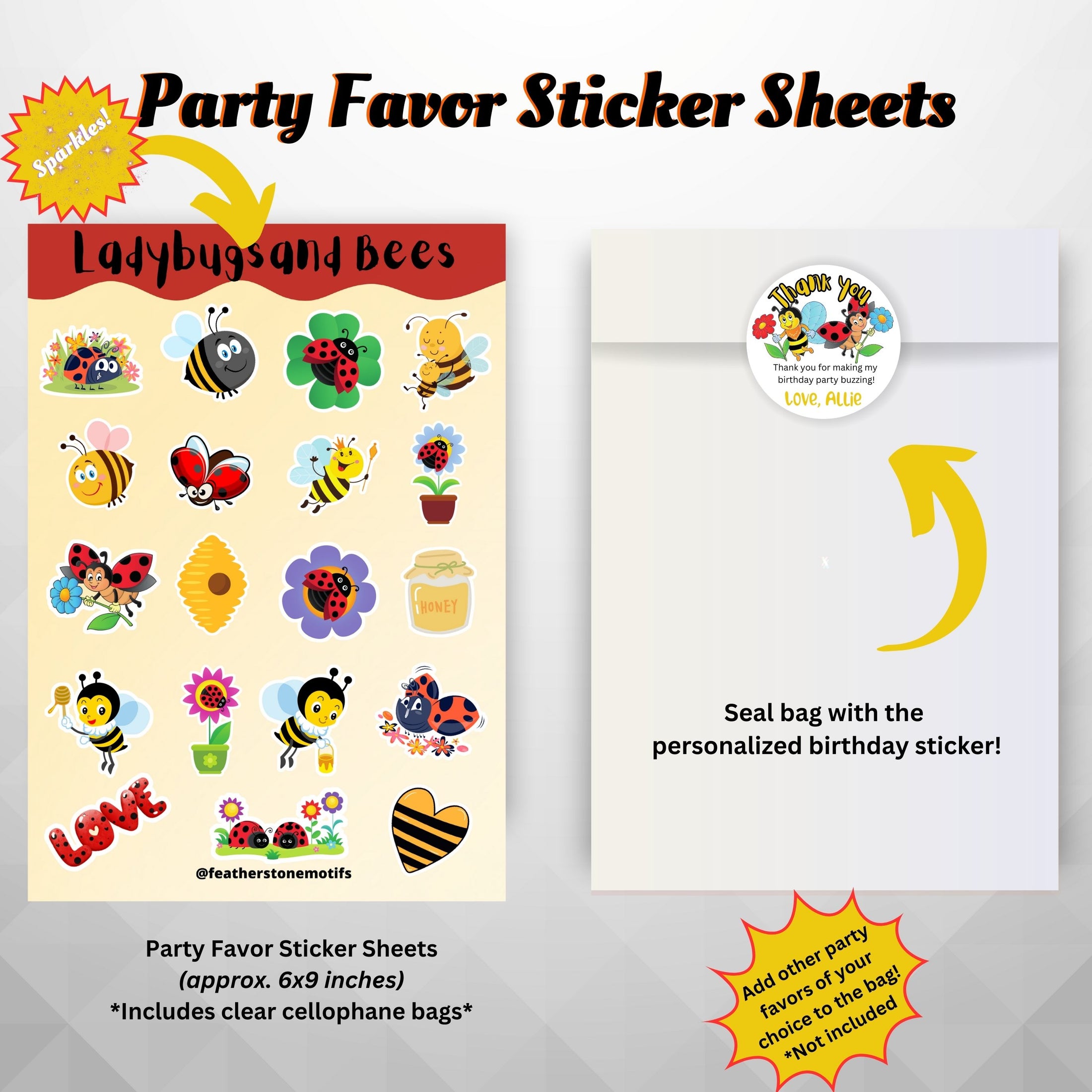 This image shows the ladybugs and bees sticker sheet included as a party favor, the cellophane bag, and the personalized paper thank you sticker.