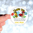 Load image into Gallery viewer, This image shows a hand holding the personalized ladybugs and bees themed thank you sticker.

