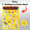 Load image into Gallery viewer, This image shows the Birthday Fun sticker sheet that is included with each order.
